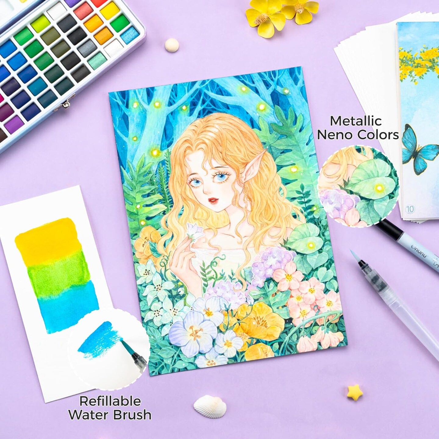Ohuhu Watercolor Travel Paint Set, Portable Watercolor Kit for Outdoors 50-color with Watercolor Papers, Brush Pen, Acrylic Pen, Pencil and Accessories for Painting, Non-toxic Watercolors Paint for Artists Adults Beginners Kids Gift Idea