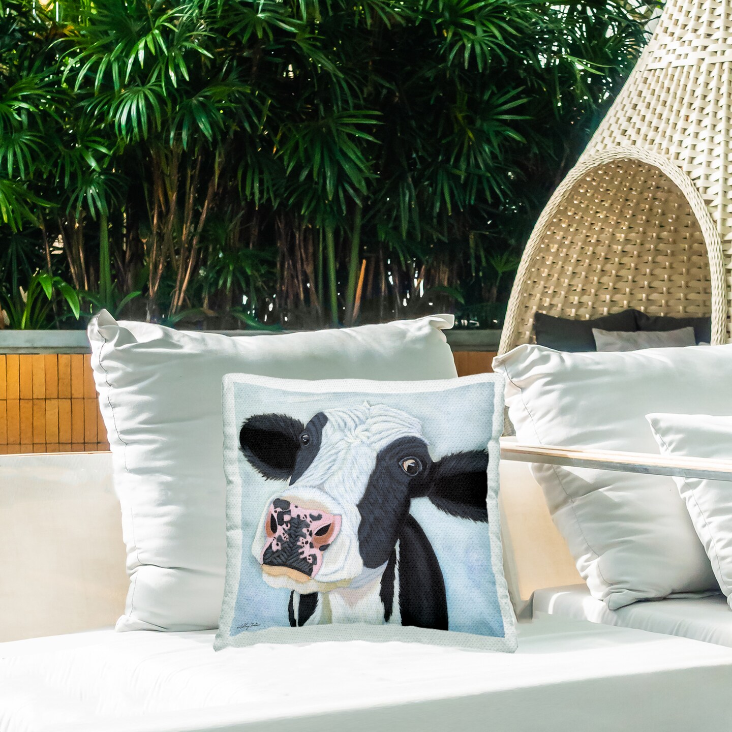Funny Cow Gaze Outdoor Printed Pillow Design by Ashley Justice, 18 x 7 x 18