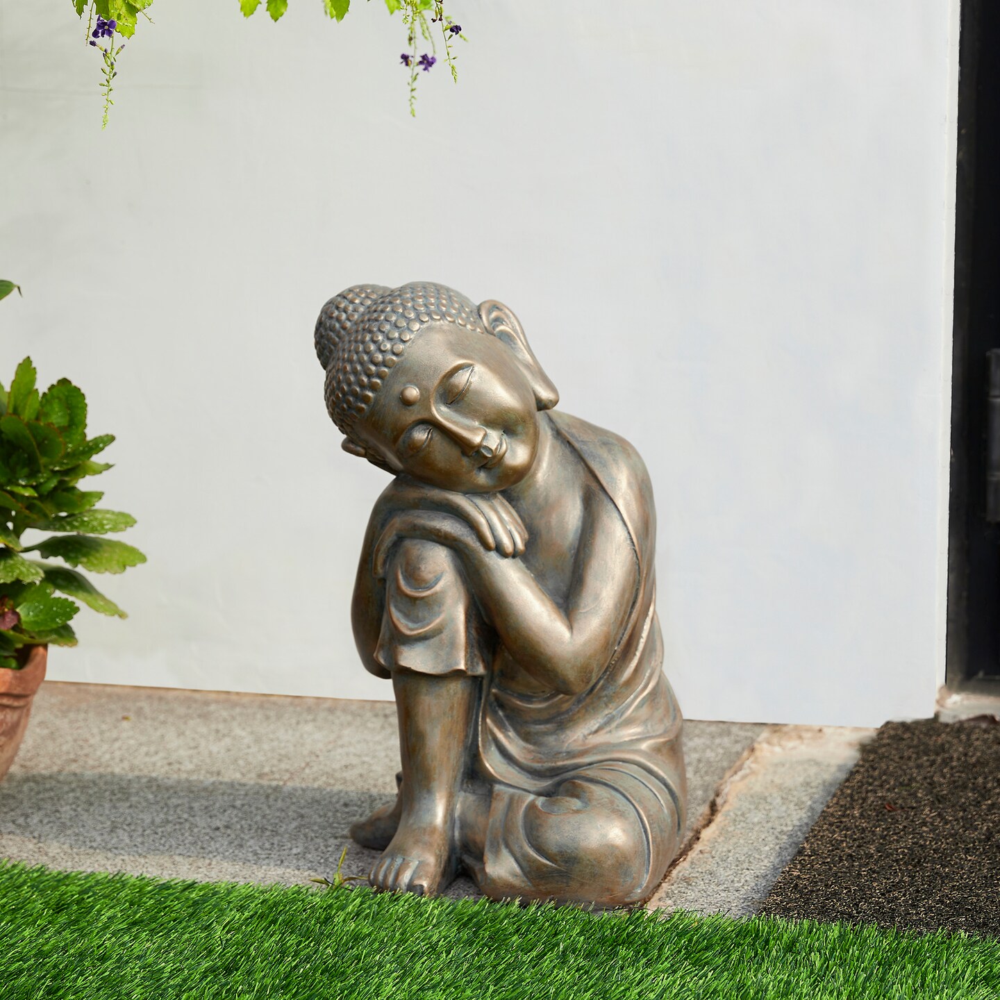 18&#x22;H MGO Faux Bronze Resting Buddha Garden statue