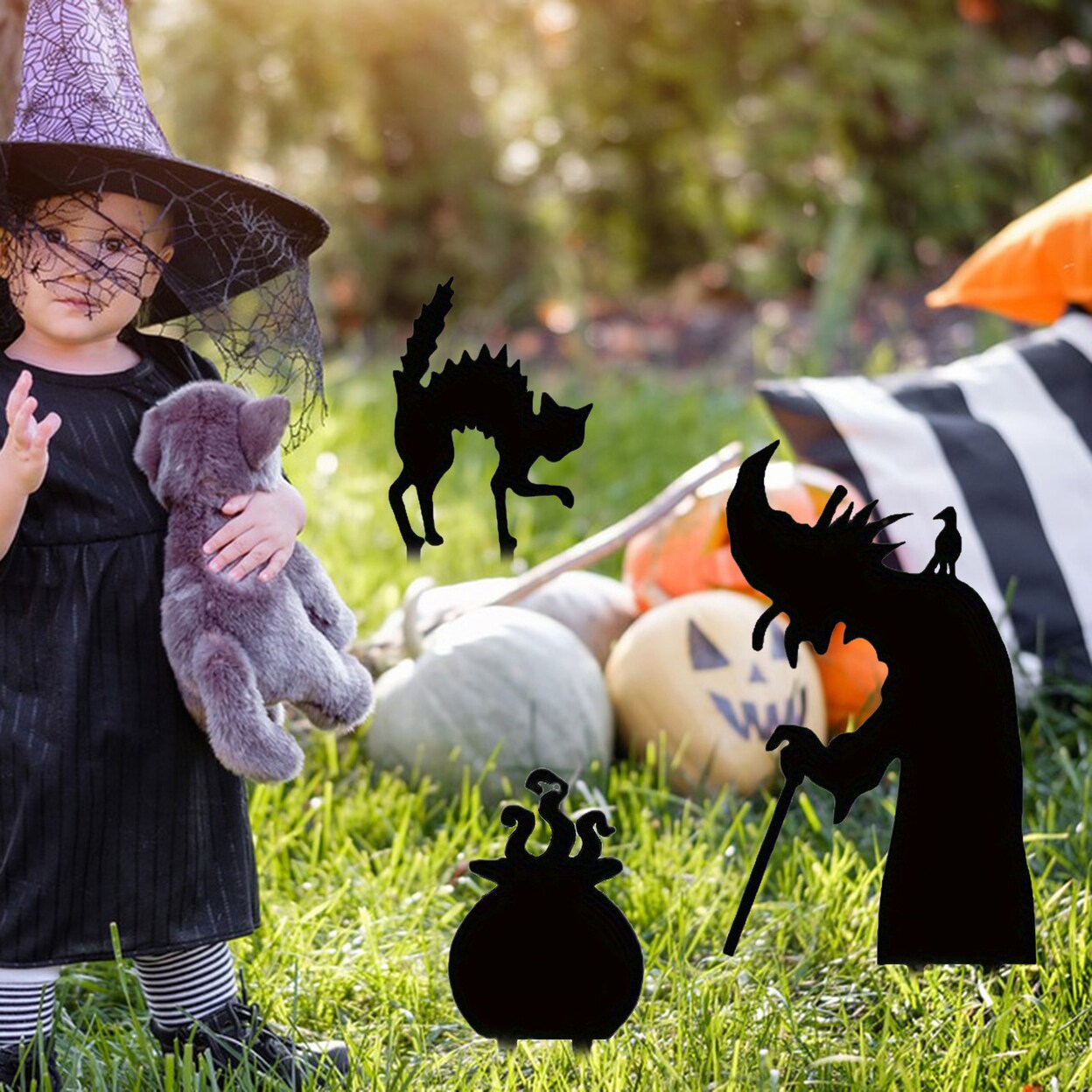 3Pcs Halloween Yard Signs Black Cat Witch Cauldron Raven Decorations Outdoor Metal Sign With Stake For Lawn Garden Decor