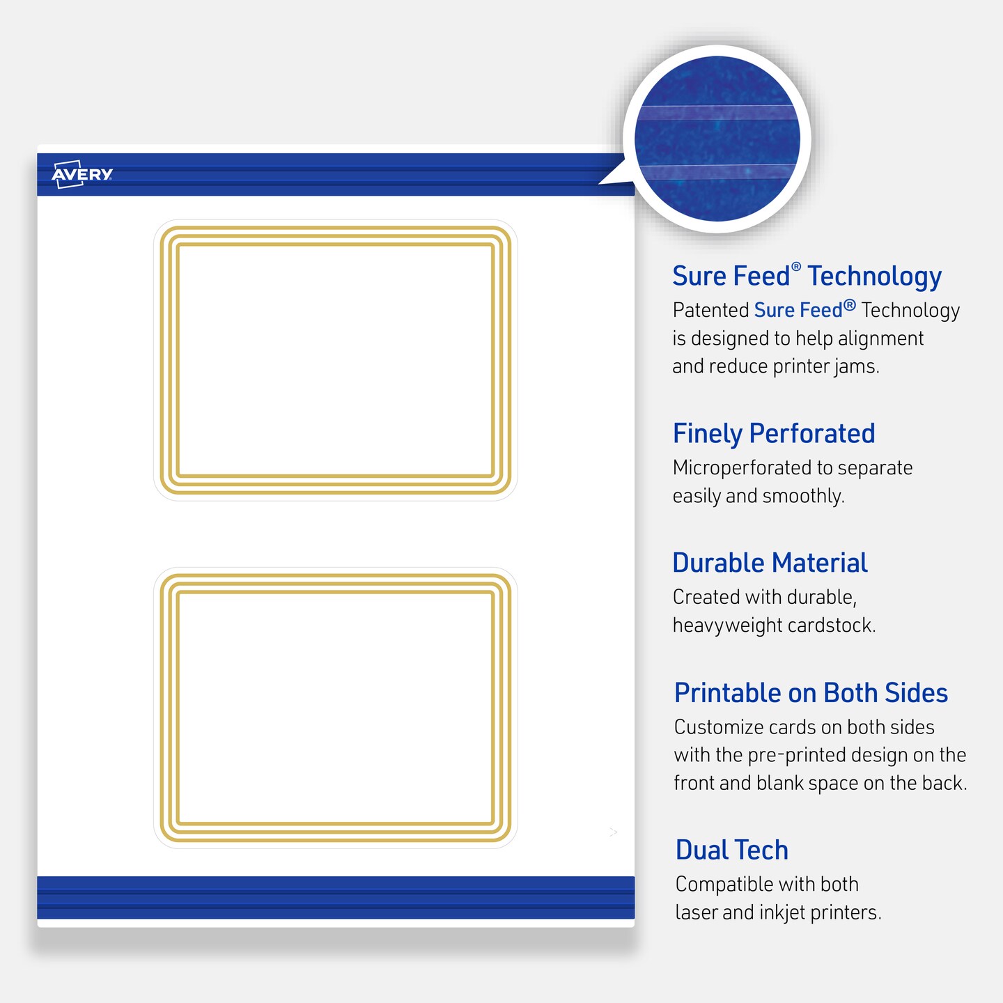Avery Printable Rectangle Postcards with Rounded Corners, Gold Multi-Lined Border, 4.25&#x22; x 5.5&#x22;, Matte White Rectangle Postcards with Rounded Corners, Laser/Inkjet, 20ct, Great for Postcards
