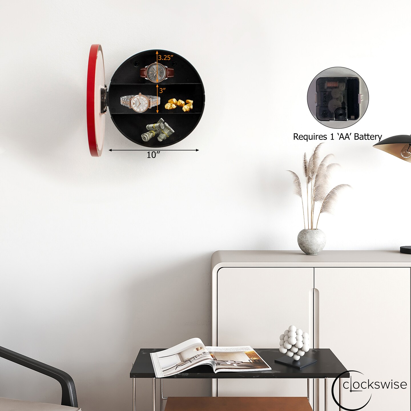 Wall Mounted Plastic Clock with Hidden Storage Door - Secret Interior Compartment, Hidden Safe for Storing Valuables