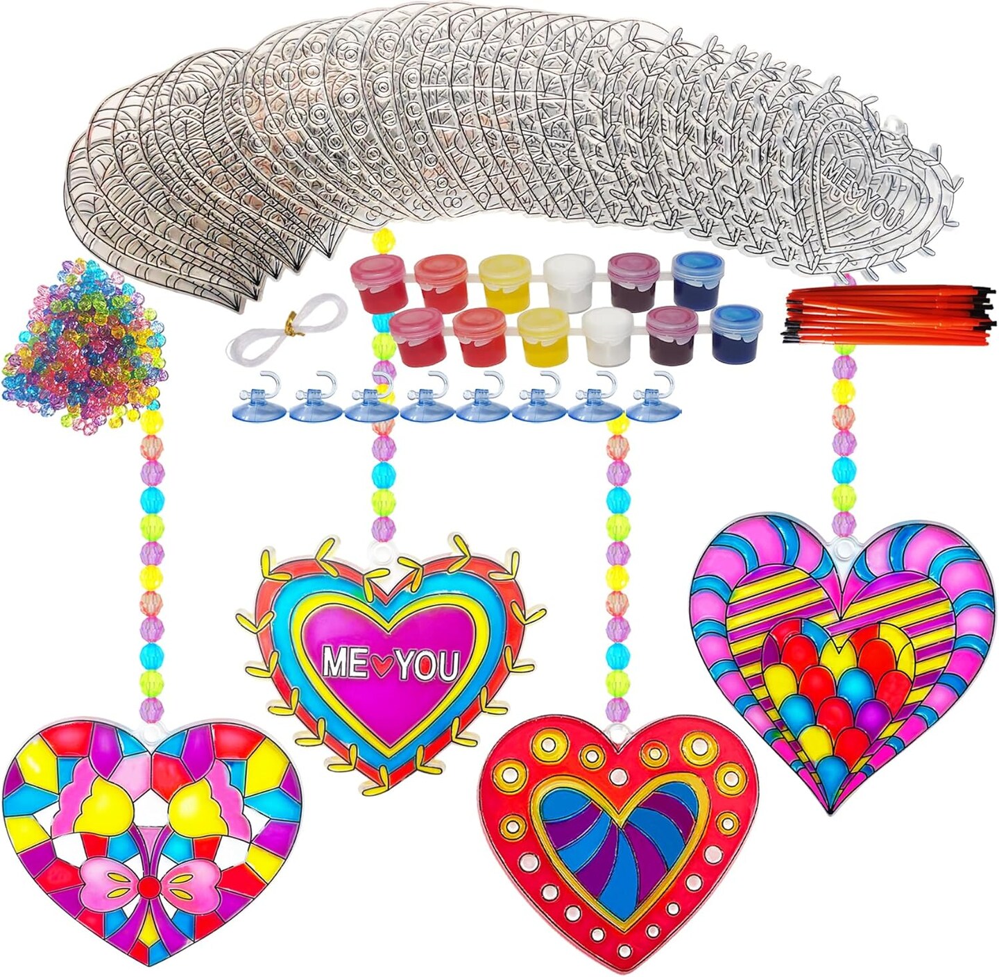 28 Sets Heart Suncatchers for Windows Valentine&#x27;s Day Suncatcher Craft Kits DIY Window Paint Art Heart Sun Catchers for Classroom Art Craft Mother&#x27;s Day Party Supplies