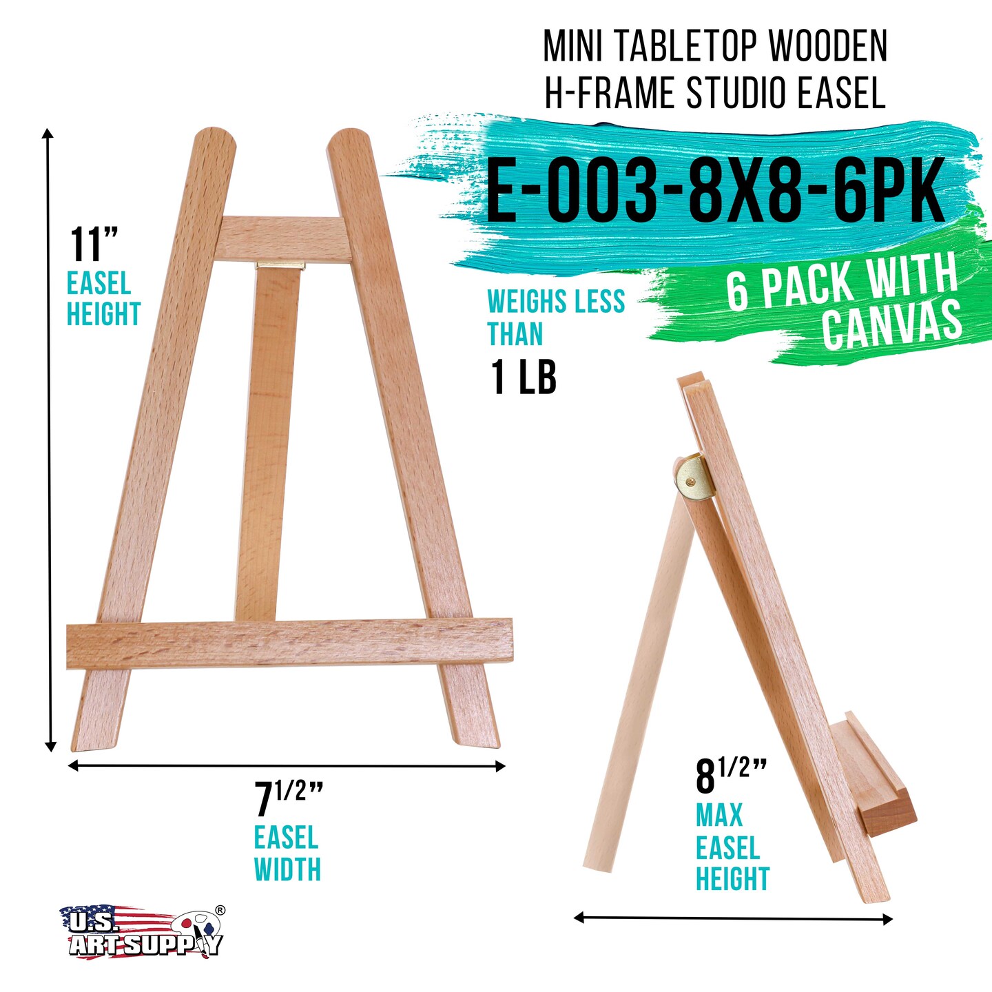 8&#x22; x 8&#x22; Stretched Canvas with 10.5&#x22; Tabletop Display Stand A-Frame Artist Easel Kit (Pack of 6) - Beechwood Tripod, Kids Students Painting Party