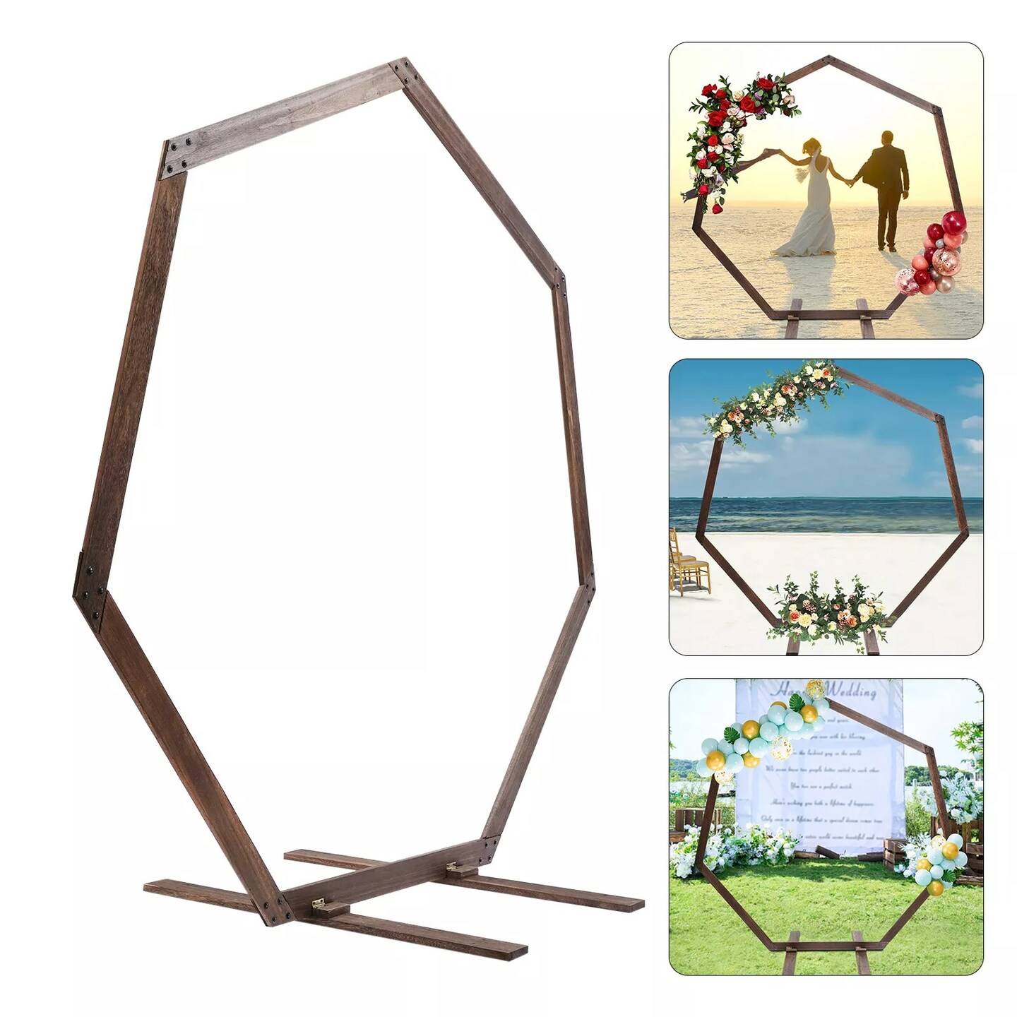 7.2FT Retro Wedding Arch Wooden Heptagon Wedding Backdrop Stand Wooden Arch