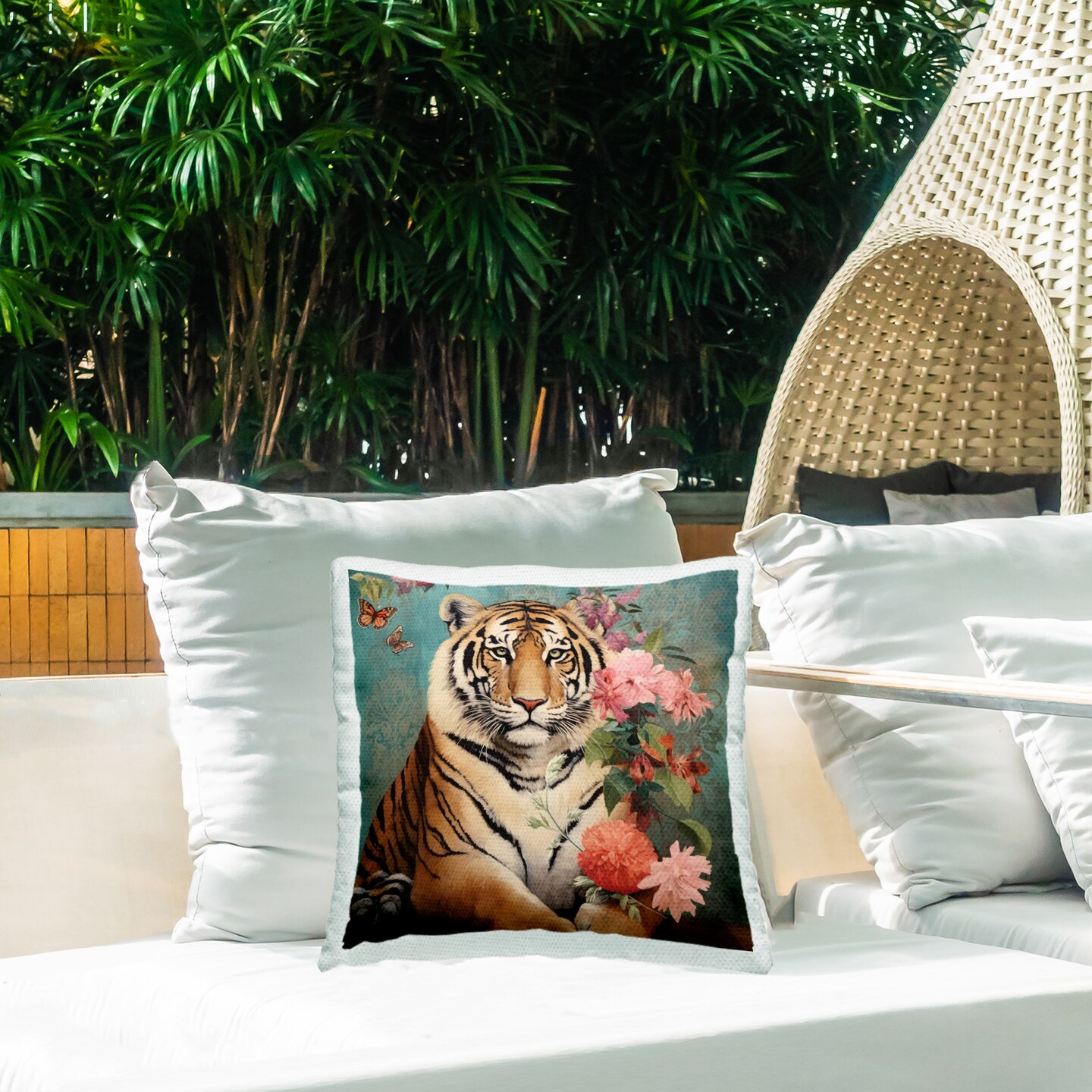 Tiger with Flower Bunches Design by Lazar Studio Outdoor Printed Pillow 