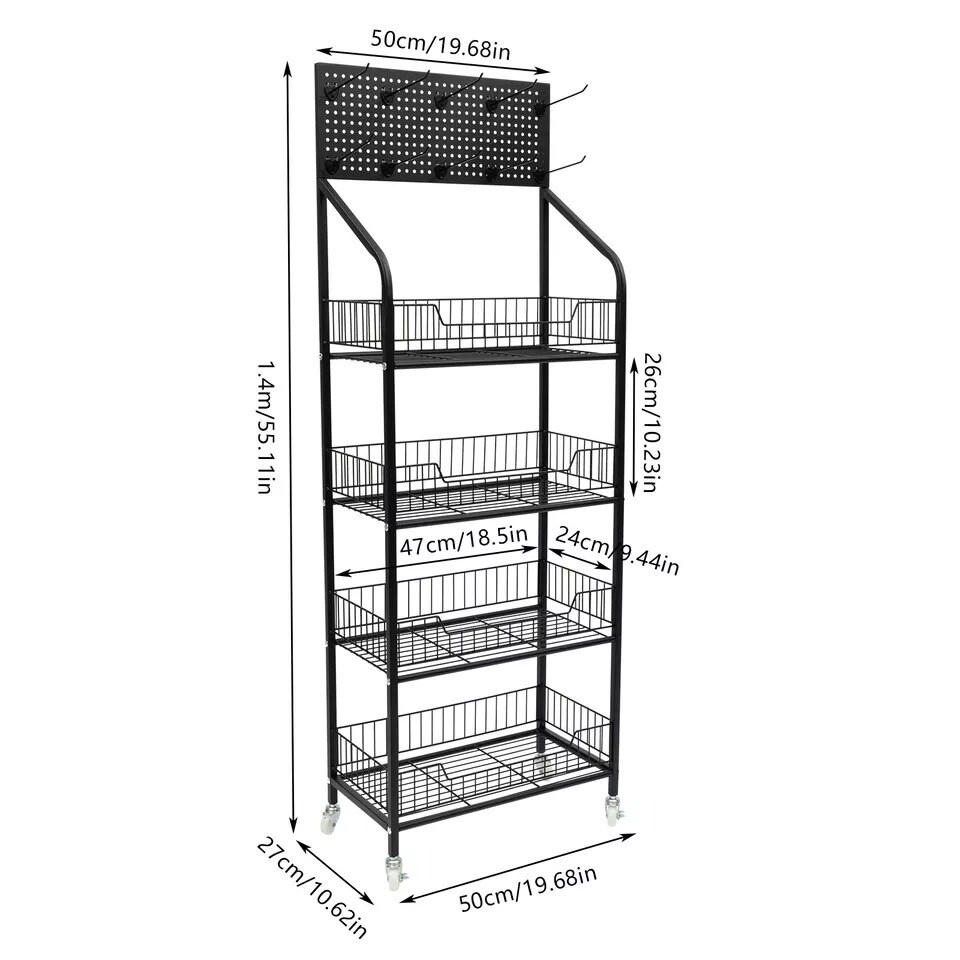 50*27*140cm4Tier Mobile Retail Snack Storage Organizer Display Rack Basket Stand