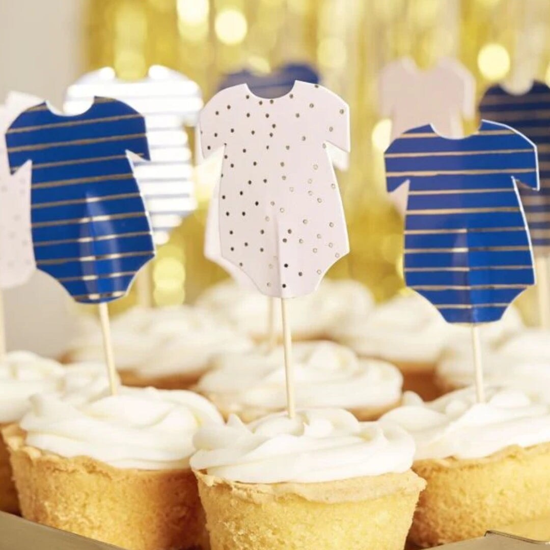Navy &#x26; Pink Baby Onesie Cupcake Toppers for Gender Reveal or Baby Shower Party Decor