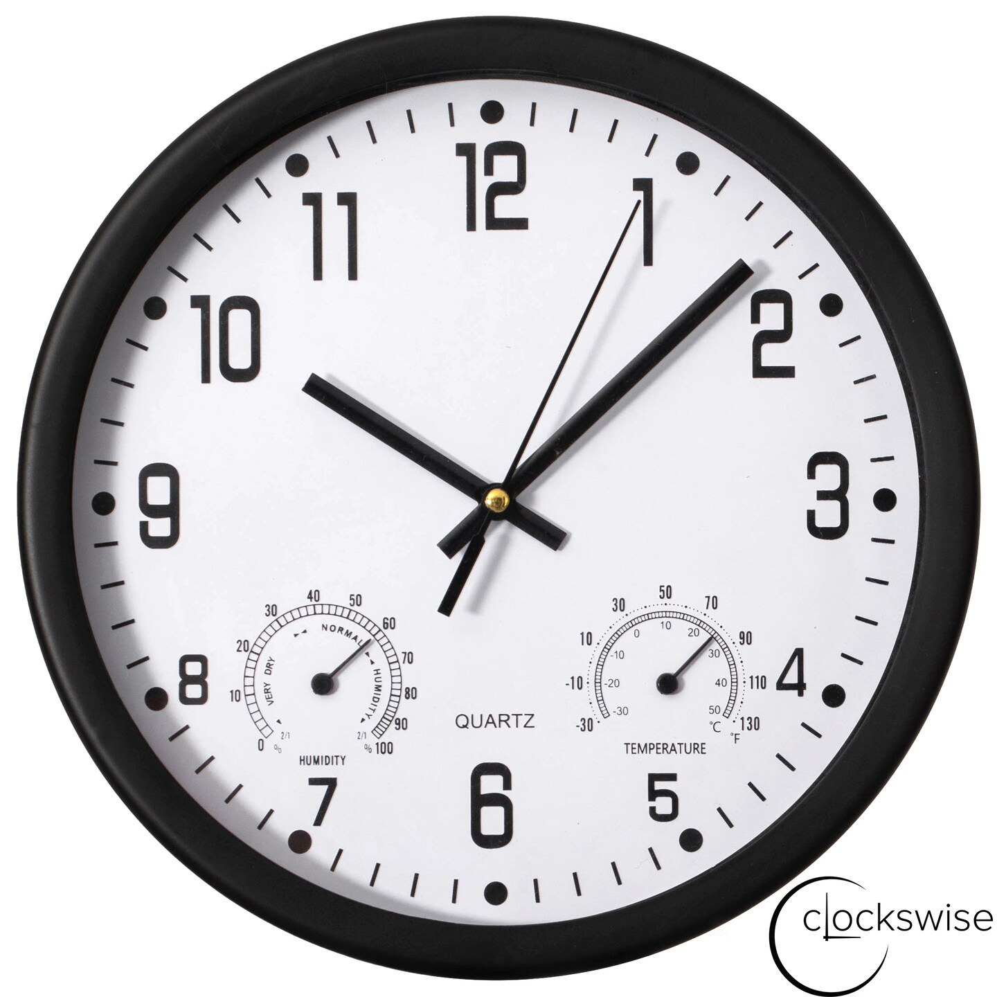 Clockswise Non-Ticking Quartz Wall Clock with Thermometer &#x26; Hygrometer - Battery Operated Plastic Analog Clock for Temperature &#x26; Humidity Monitoring - Ideal for Home, Office or School, Black