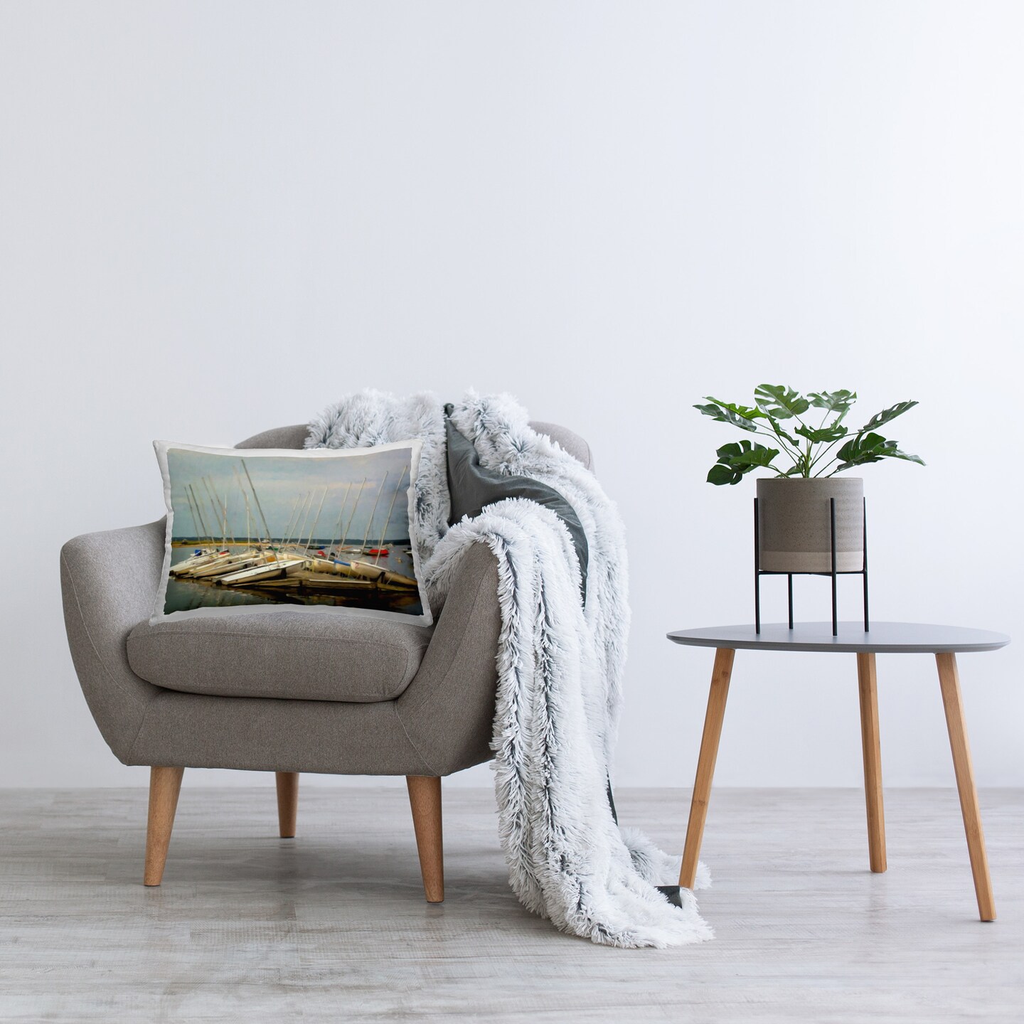 Boats Docked at Port Design by GraffiTee Studios Throw Pillow 