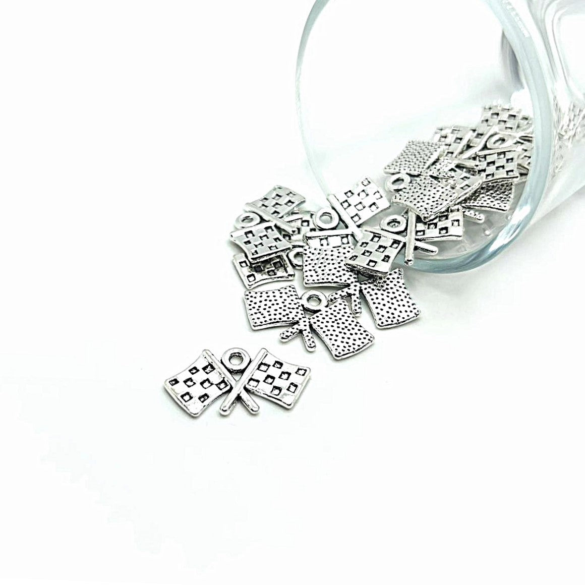 4, 20 or 50 Pieces: Silver Checkered Flag Racing Charms