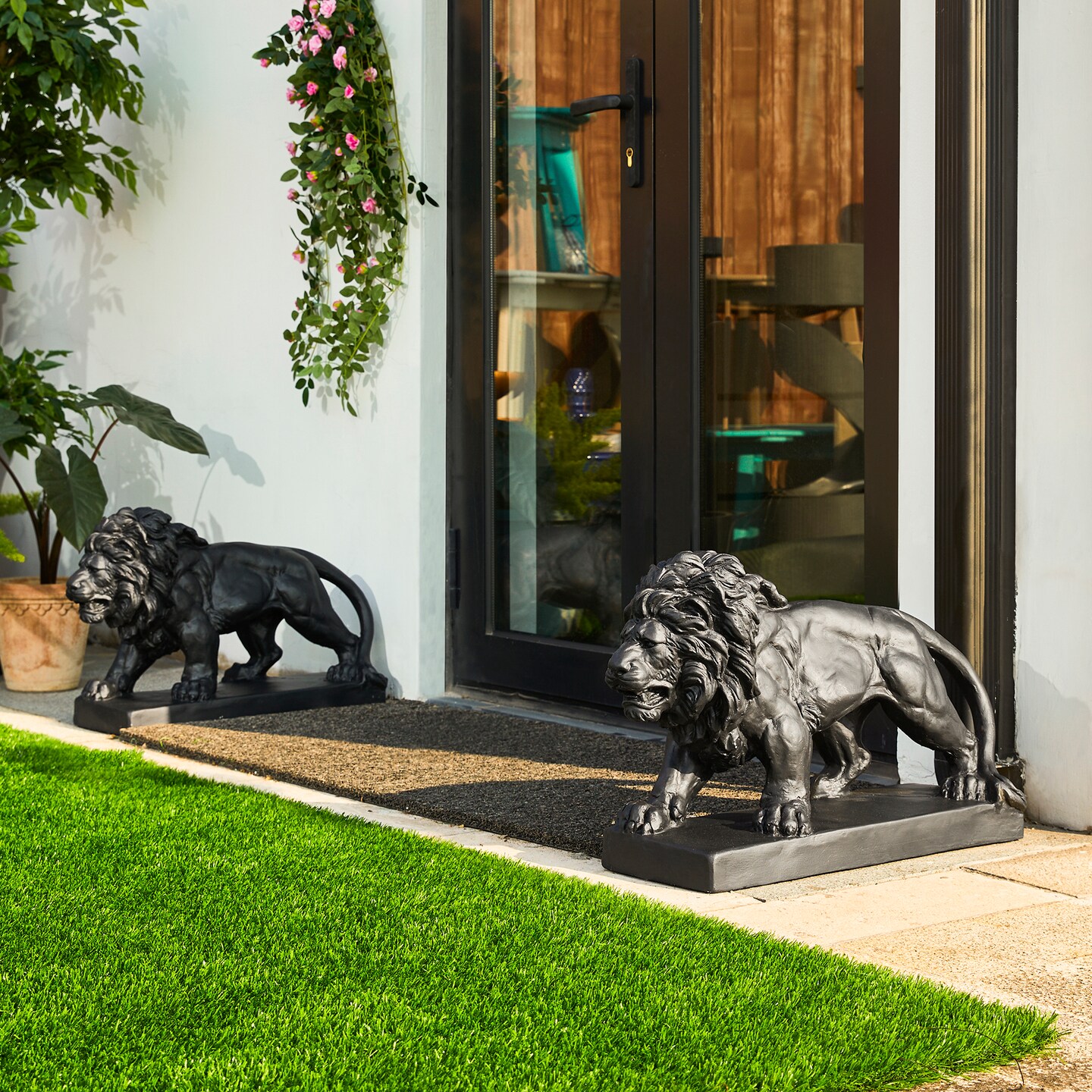 Set of 2 24.5&#x22;L MGO Bronze/Black Walking Lion Garden Statue