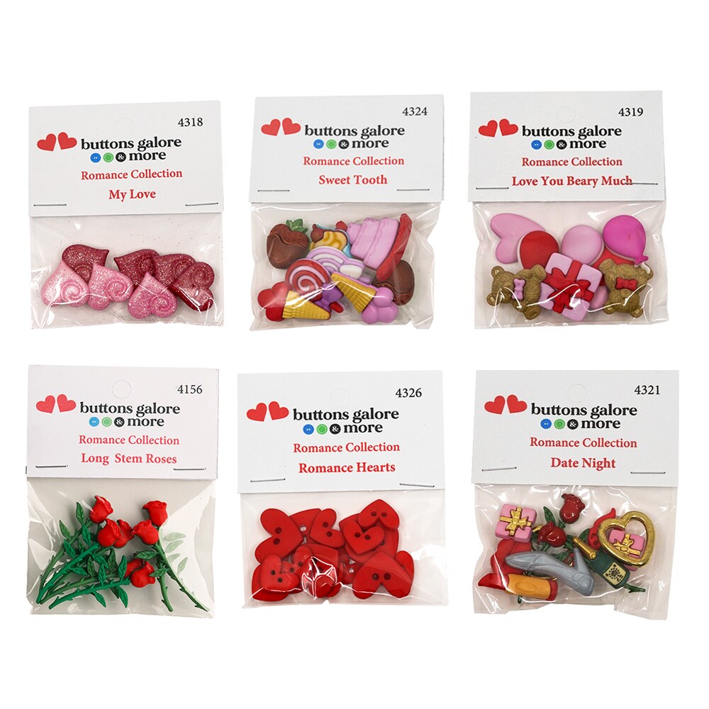 Buttons Galore Romance Button Assortment – 50+ Valentine’s Day Buttons for Sewing & Crafts – 6 Packs of Heart, Rose, Teddy Bear, and Treat Designs