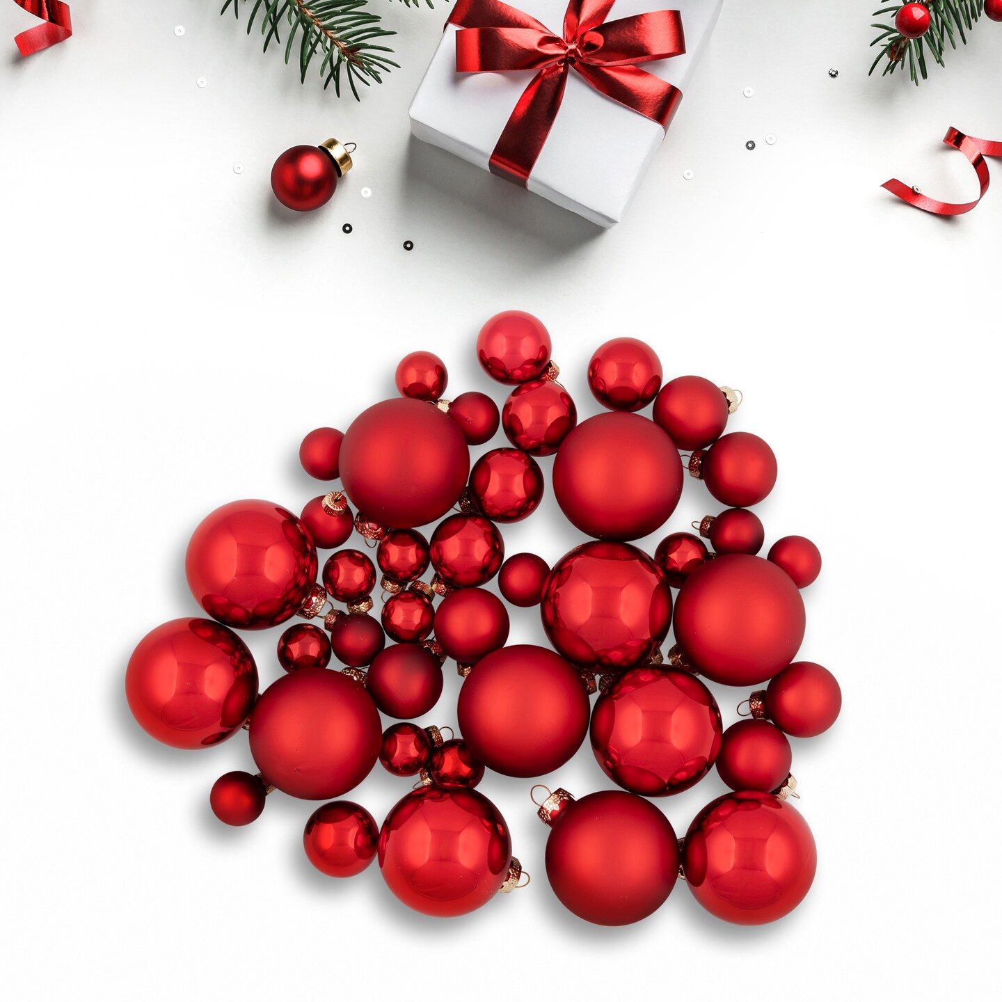 Northlight 40ct Shiny, Glitter and Matte Red Glass Ball Christmas Ornament Set 1&#x22;-2.5&#x22;