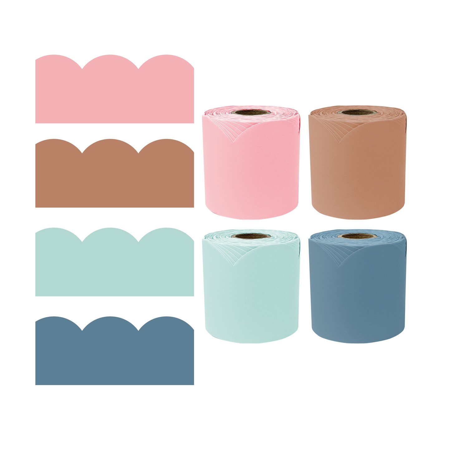 Carson Dellosa 260Ft Rolled Modern Boho Bulletin Board Border Set, 4 Pack of Scalloped Border Trim, Brown, Blue, Green and Pink Bulletin Board Borders for White Board, Cork Board, Boho Classroom D&#xE9;cor