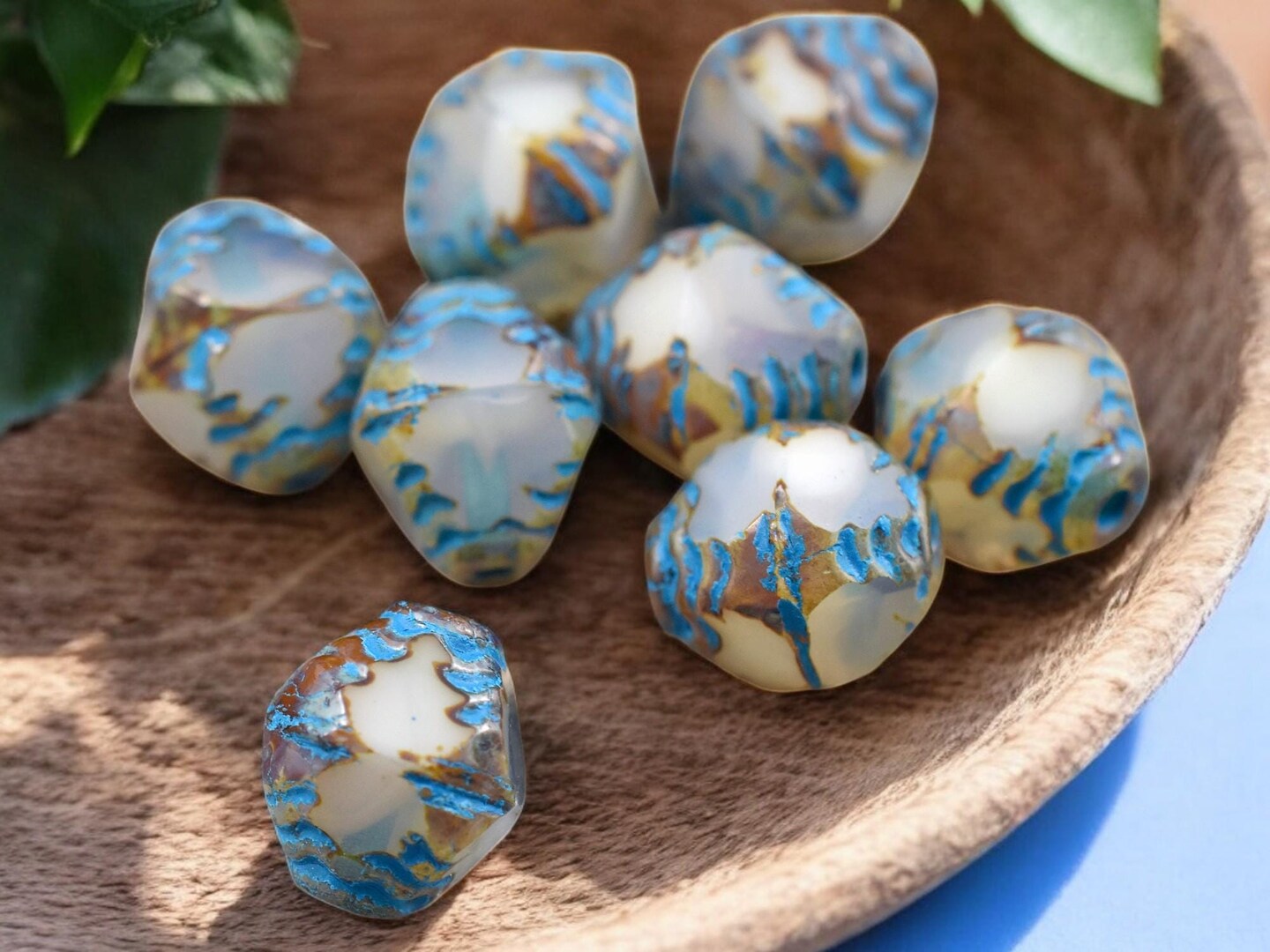 *15* 10x8mm Turquoise Washed White Opal Picasso  Faceted Bicone Beads