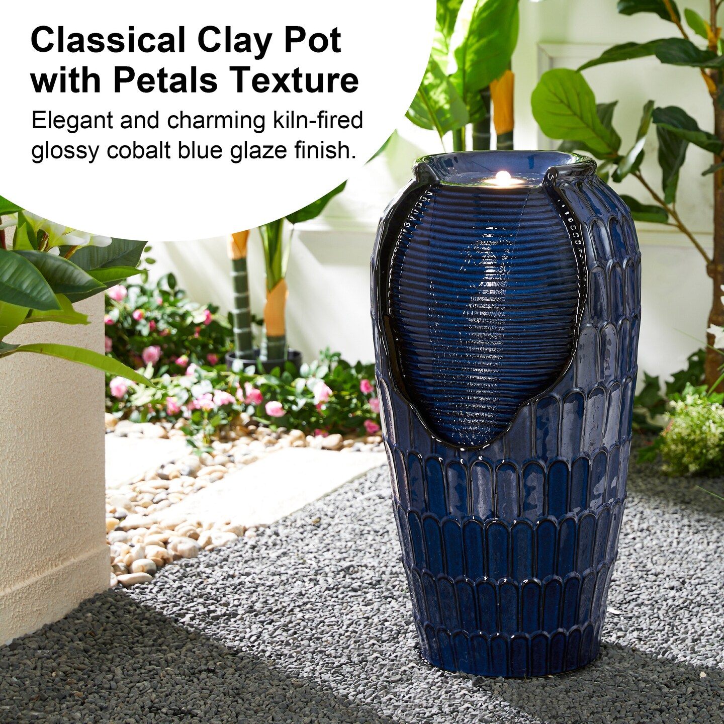 28.25&#x22;H Oversized Petals Textured Ceramic Jar Outdoor Floor Fountain with Pump and LED Light