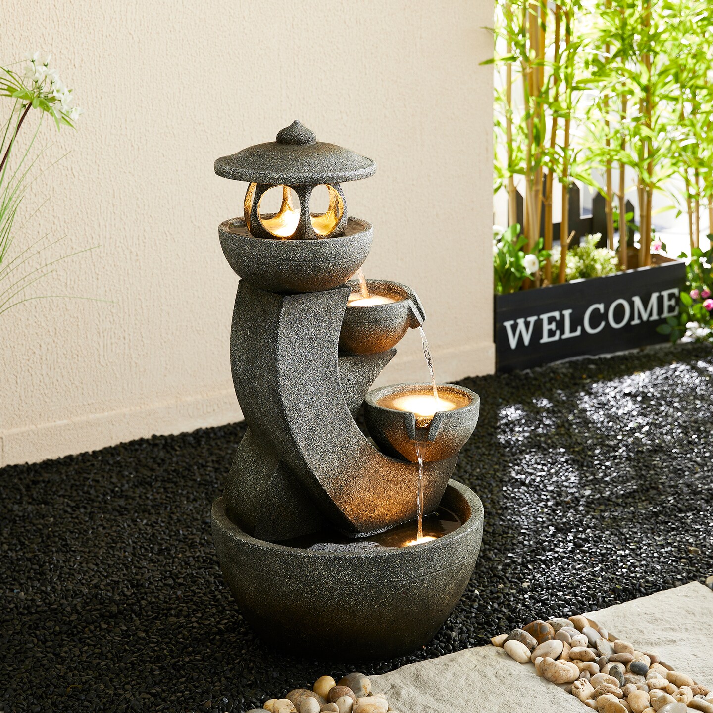 32&#x22;H 4-Tiered Pagoda Polyresin Outdoor Fountain with Pump and LED Light