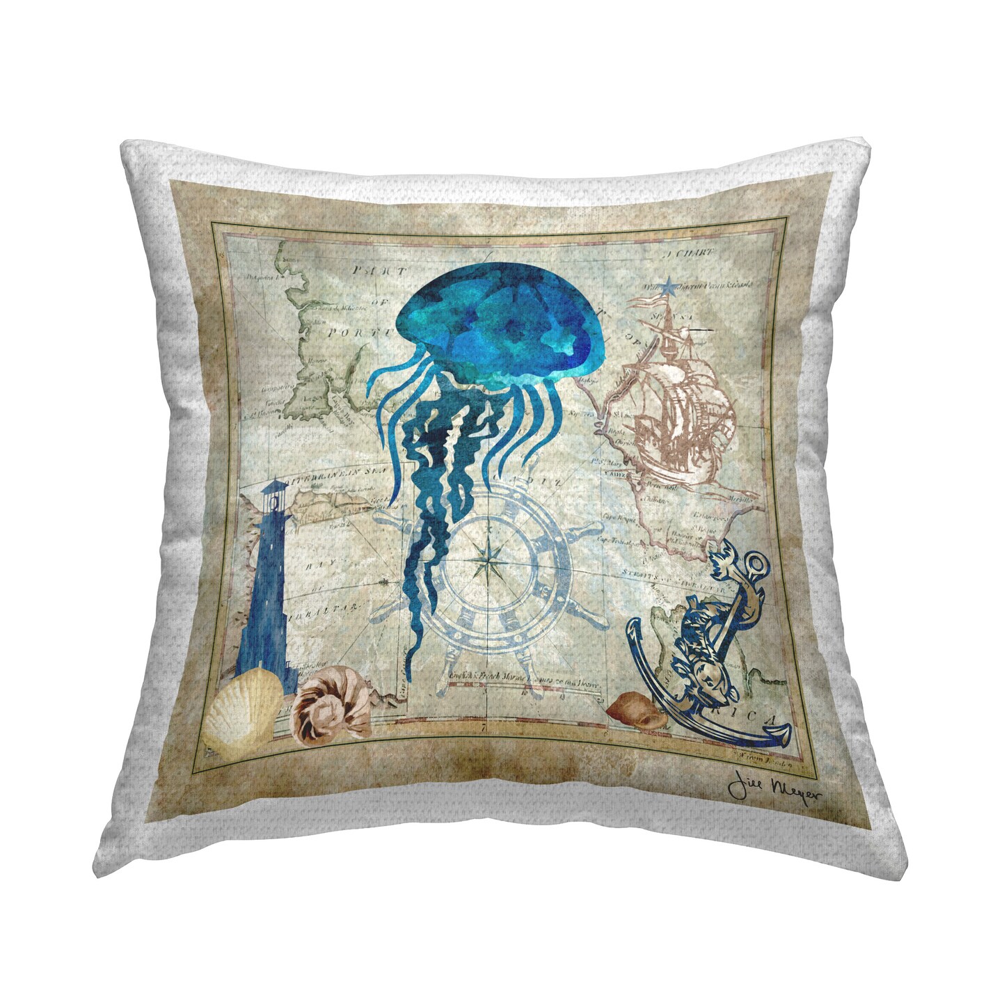 Jellyfish &#x26; Maritime Map Design by Jill Meyer Outdoor Printed Pillow 