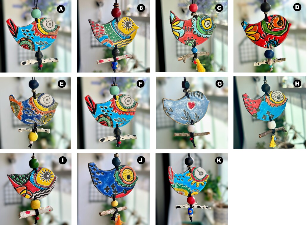 Multicolored Clay Bird Ornaments, wall art | MakerPlace by