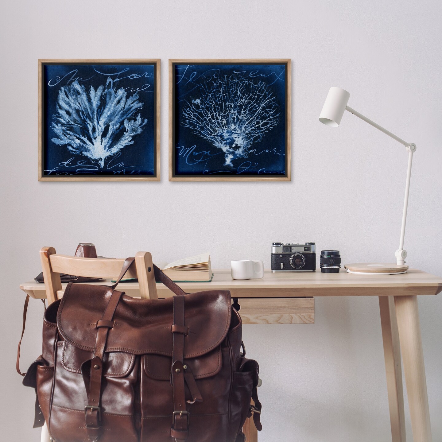 Stupell Industries Dark Blue Coral Pieces 2 pc Framed Floater Canvas Wall Art Set Design by Liz Jardine