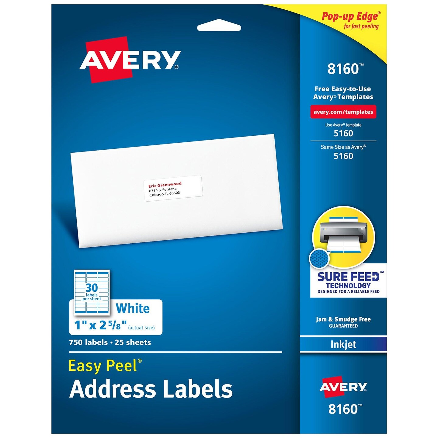 Easy Peel&#xAE; Address Labels, Sure Feed&#x2122; Technology, Permanent Adhesive, 1&#x22; x 2-5/8&#x22;, 750 Labels