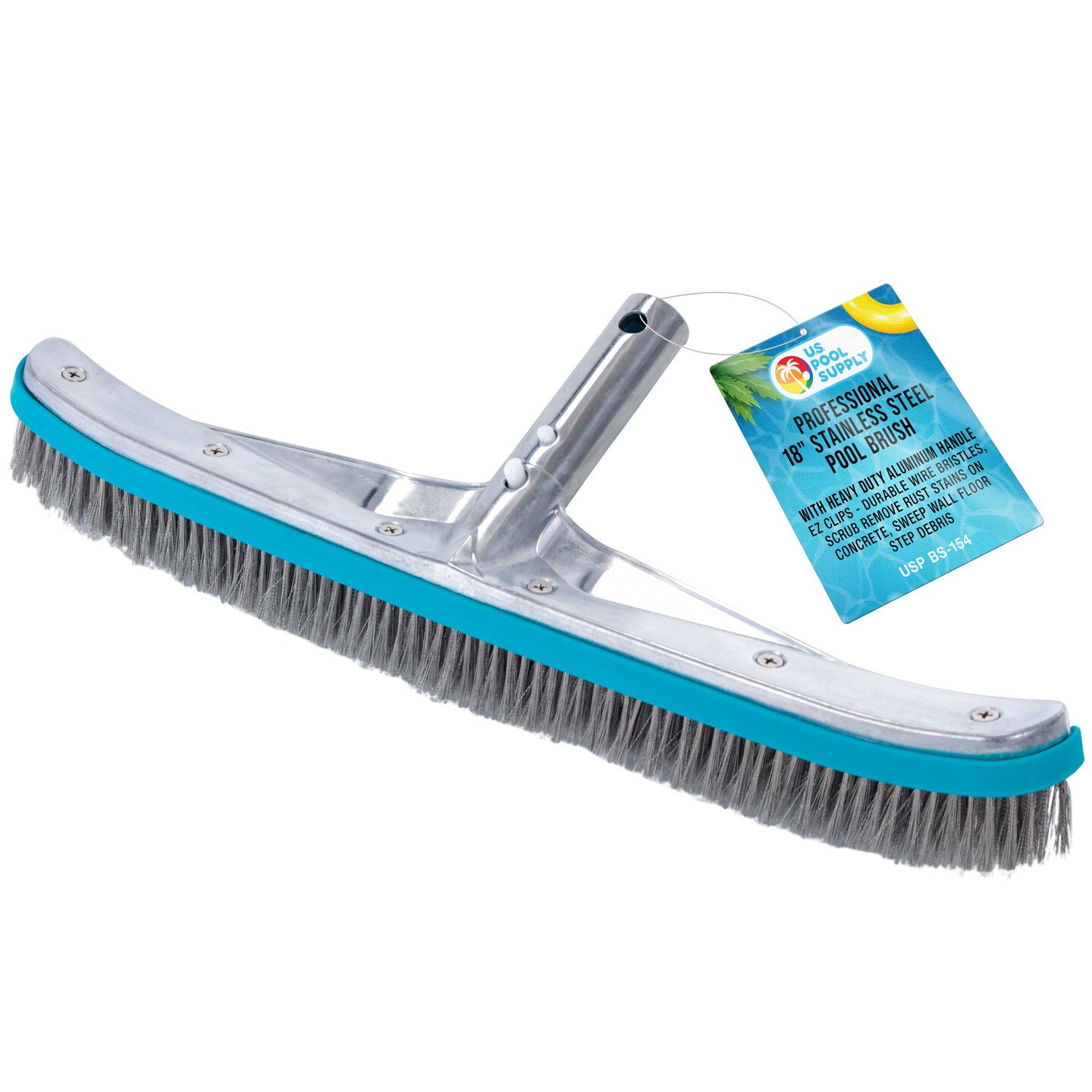 U.S. Pool Supply&#xAE; Professional 18&#x22; Stainless Steel Pool Algae Brush with Heavy Duty Aluminum Handle, EZ Clips - Durable Wire Bristles, Scrub &#x26; Remove Rust Stains Debris