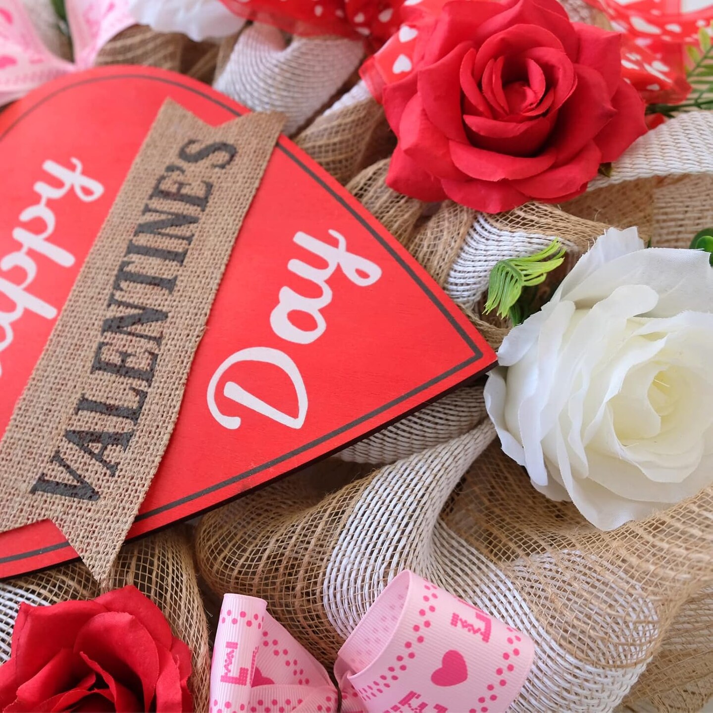 16 Inch Valentines Day Deco Mesh Wreath for Front Door, Red and White Roses Mesh Happy Valentines Day Signed Wreath for Home Decor, Red Heart Ribbon Burlap Mesh Wreath for Valentines