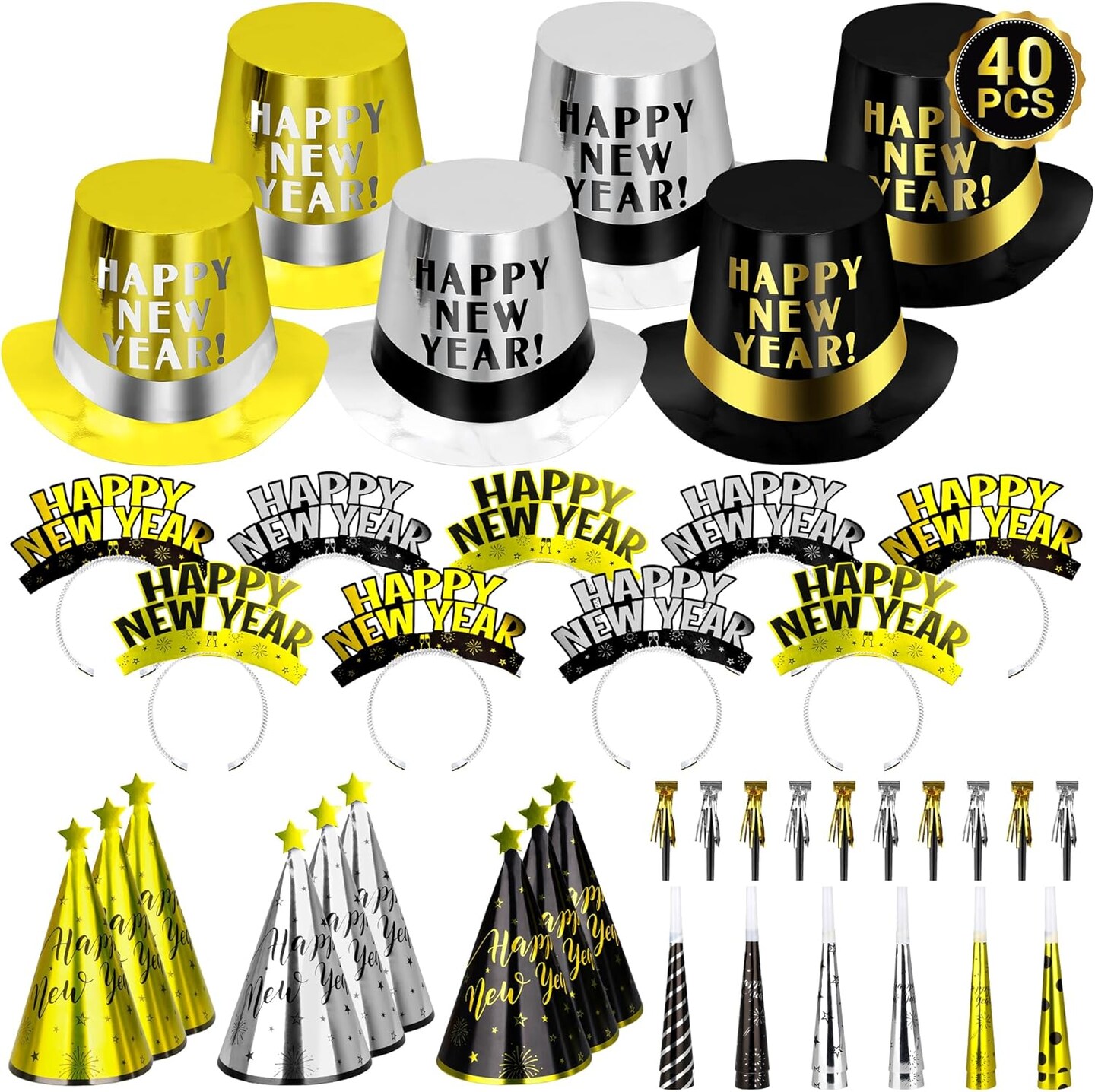 40PCS New Years Party Supplies 20 Guests, New Years Party Favors Gold Black, New Years Accessories Cardboard Plastic, Tiaras Top Hat Fringed NYE Noise Makers Star Cone Hat Horns for New Years Party