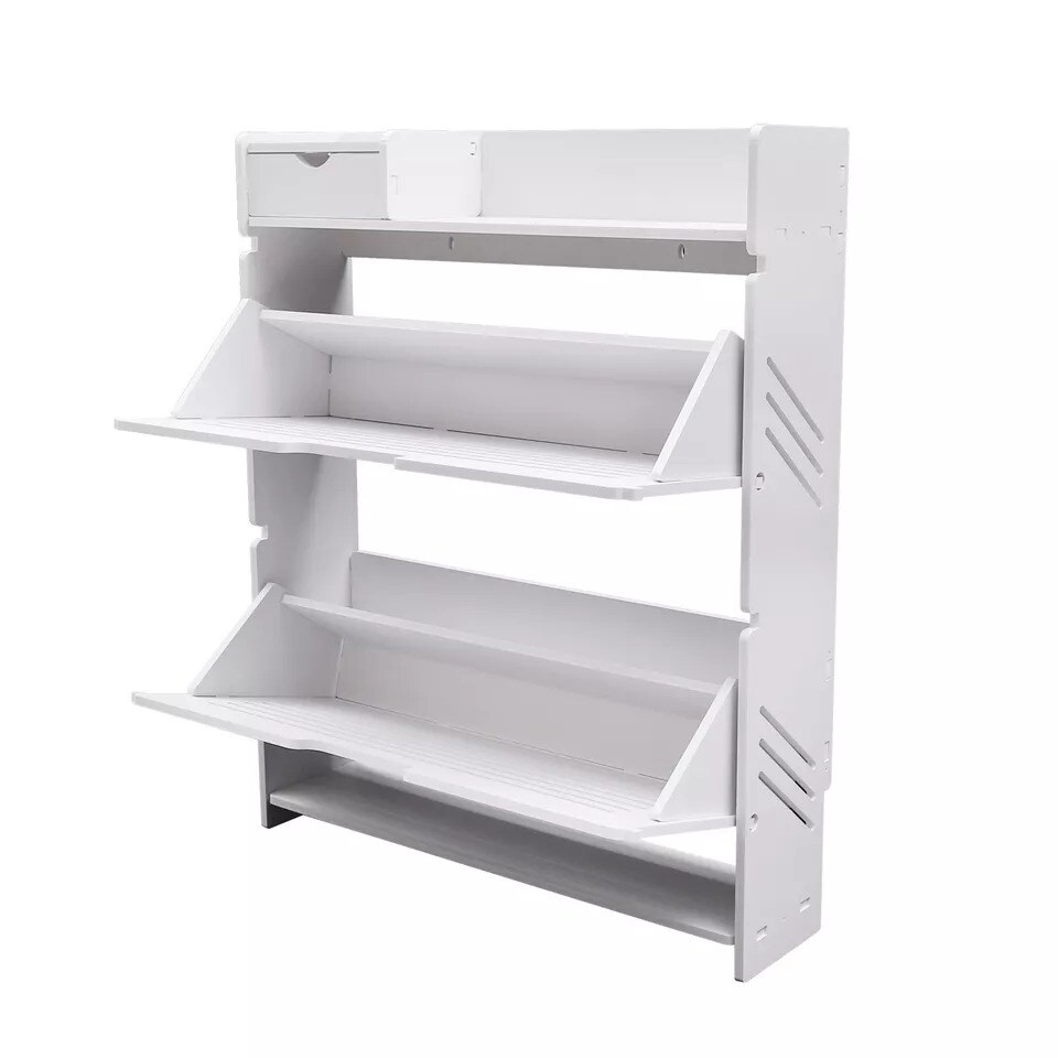 2-Layer Flip Drawer Shoe Storage Cabinet Organizer PVC Narrow Shoe Rack Stand