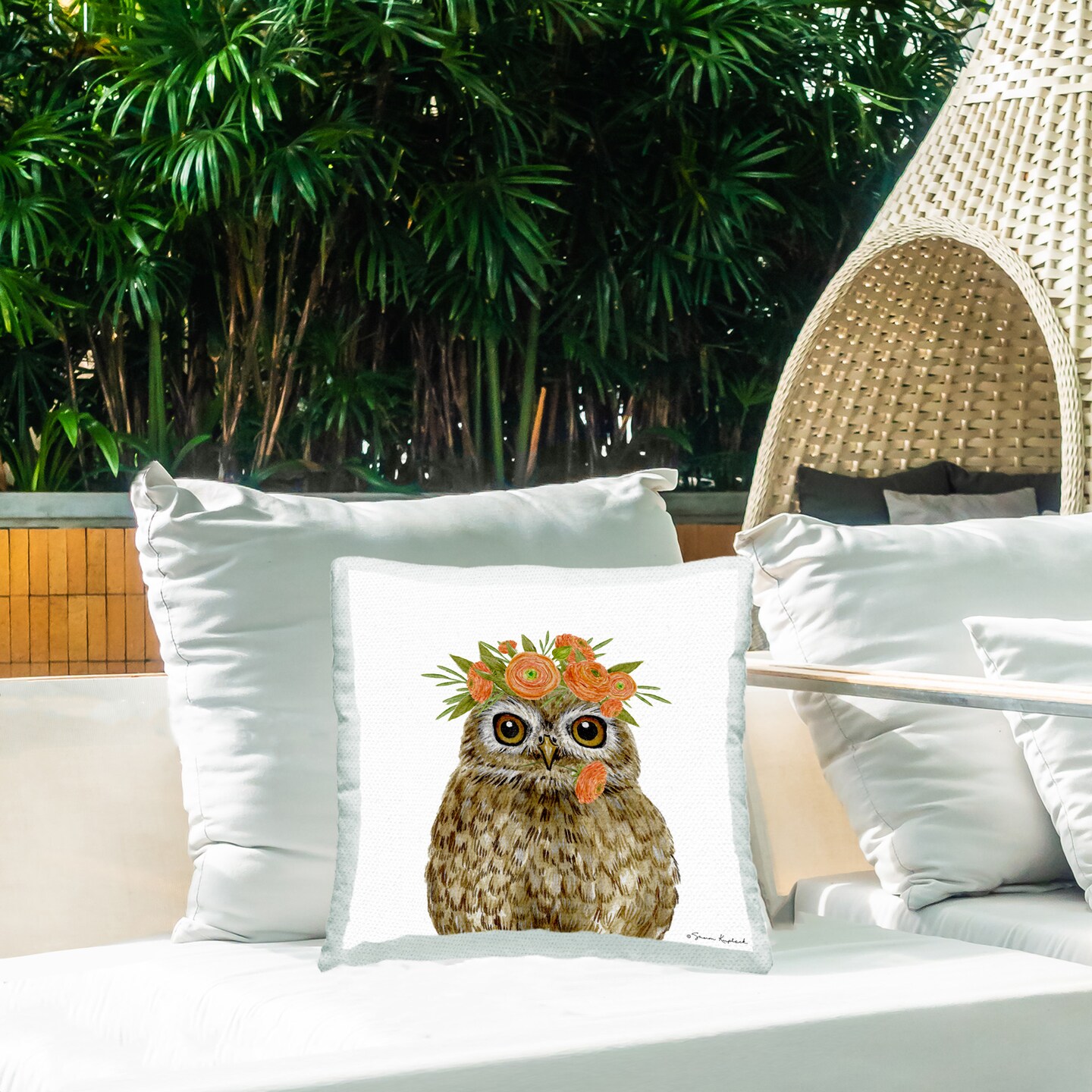 Owl & Rose Garland Design by Sharon Kuplack Outdoor Printed Pillow