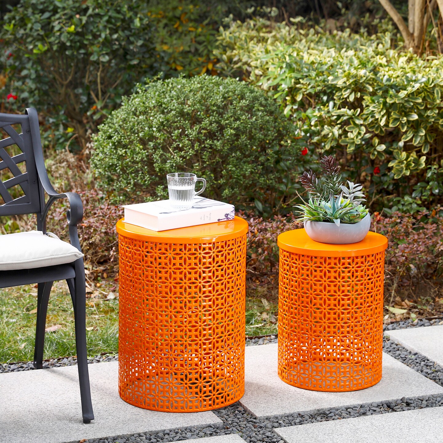 Set of 2 Multi-functional Metal garden Stool or Planter Stand or Accent Table or Side Table