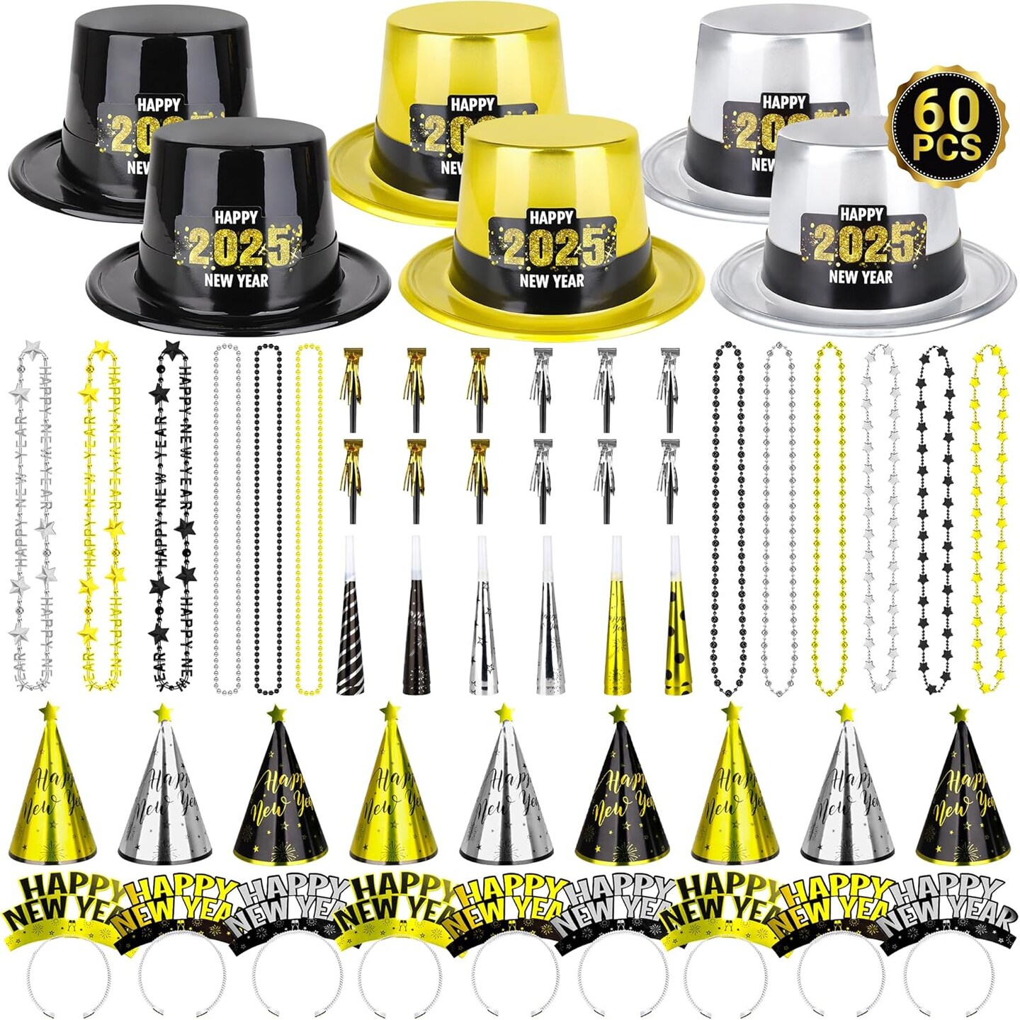60PCS New Years Eve Party Favors, 24 Guests New Years Party Hats, 2025 New Years Eve Headband, New Year Party Supplies NYE Noise Makers Gold Silver Black Cone Hats Horns New Years Necklace Adults