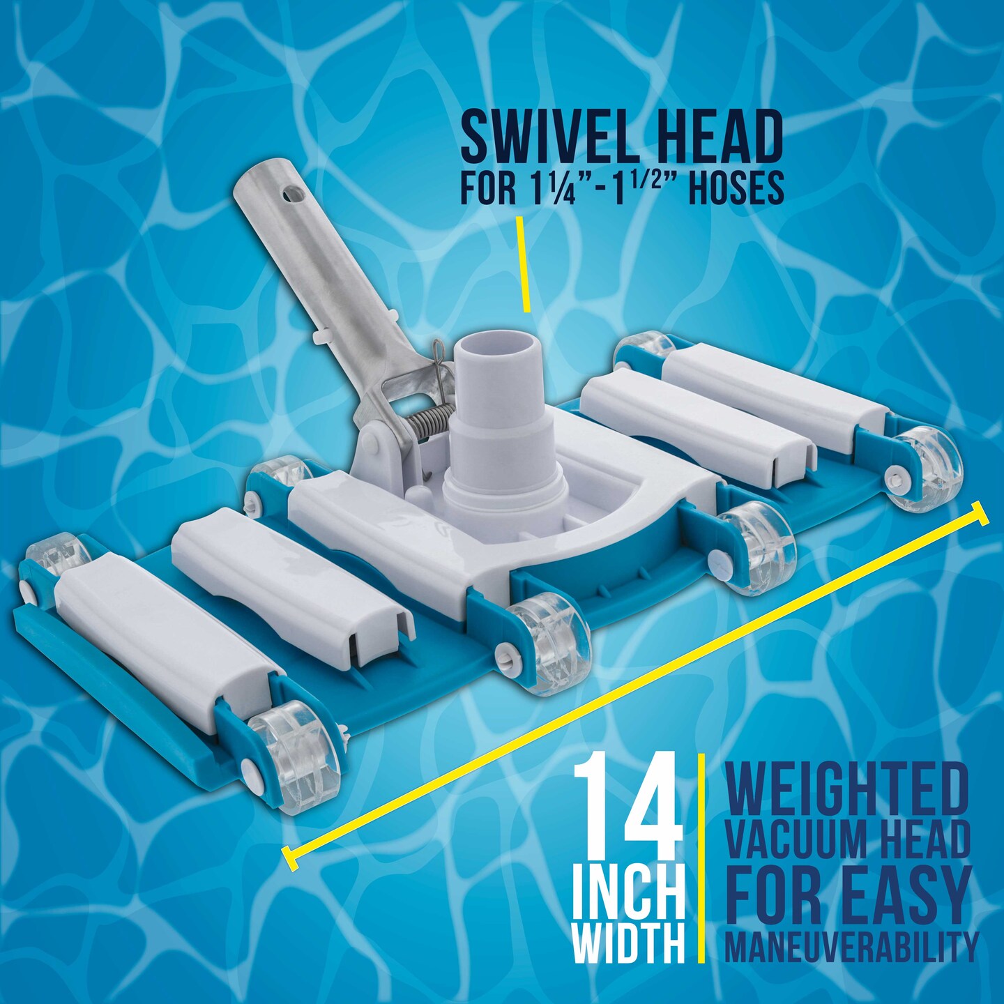 U.S. Pool Supply&#xAE; 14&#x22; Weighted Flexible Concrete Swimming Pool Vacuum Head, Swivel Hose Connection &#x26; Aluminum Spring Action Pole Handle - Connect 1-1/4&#x22; or 1-1/2&#x22; Hose