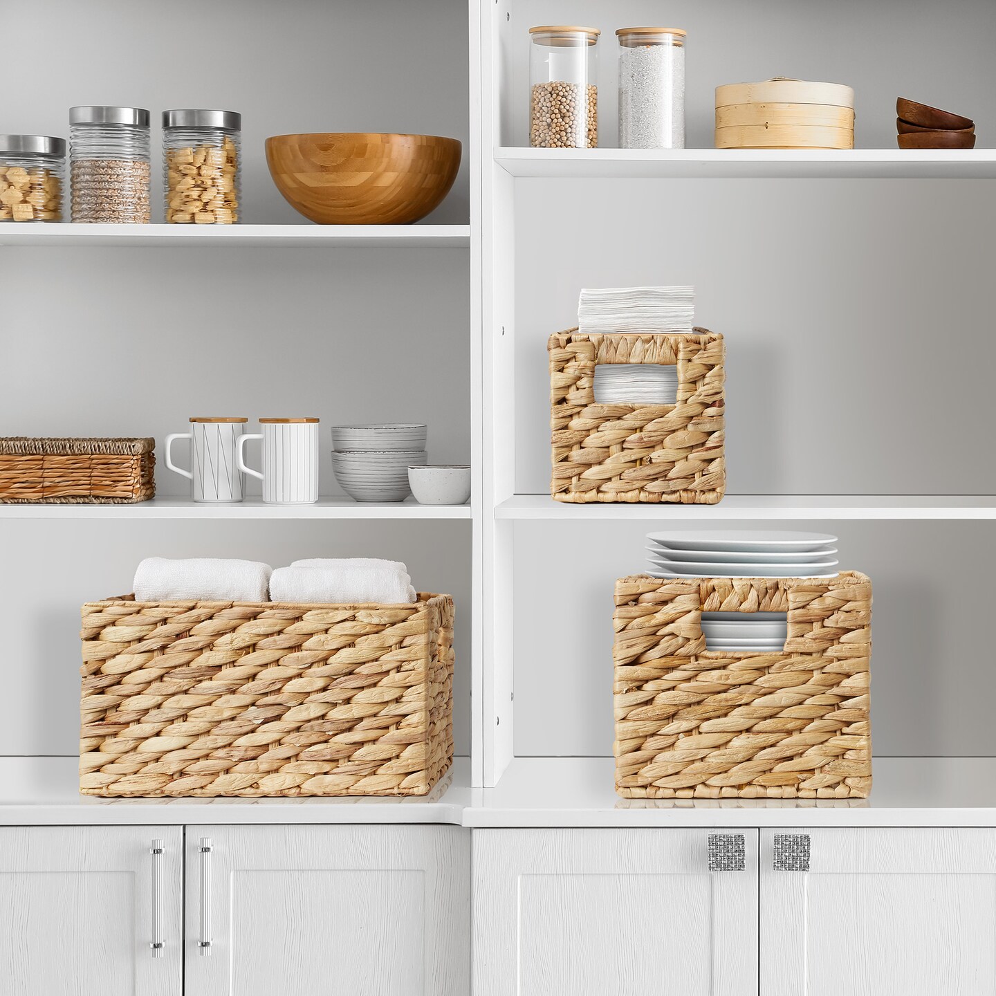 Casafield Set of 3 Water Hyacinth Storage Baskets with Handles - Small, Medium, and Large Woven Nesting Storage Bin Organizers for Shelves in Bathroom, Laundry Room, Pantry