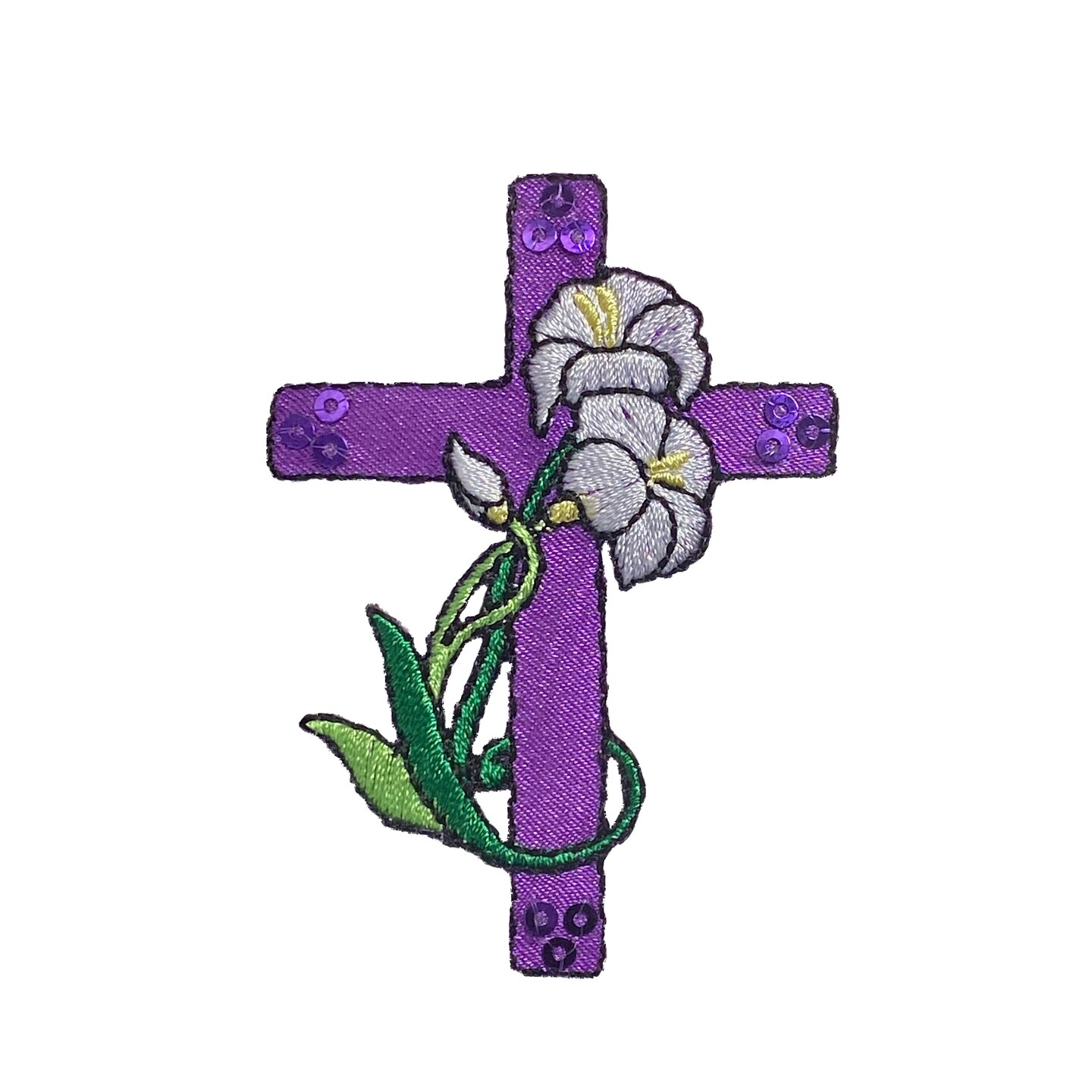 Purple Cross, White Lilies, Flowers, Embroidered, Iron on Patch