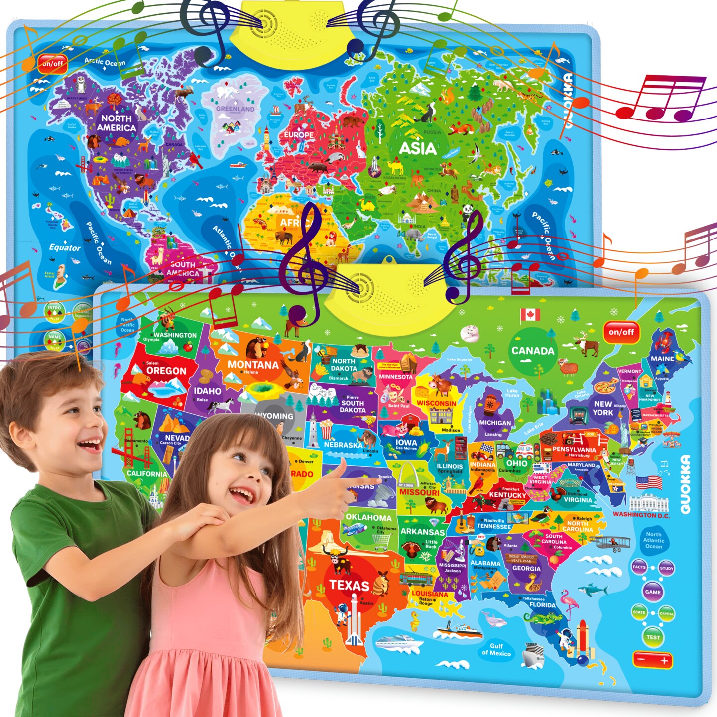 QUOKKA Educational Toys for Kids 5-7 Year Old - USA World Maps  Learning Wall Chart for Toddlers Age 3 4 6+ - Interactive Speech Therapy Poster Boy Girl - Autism Game 8-10-12