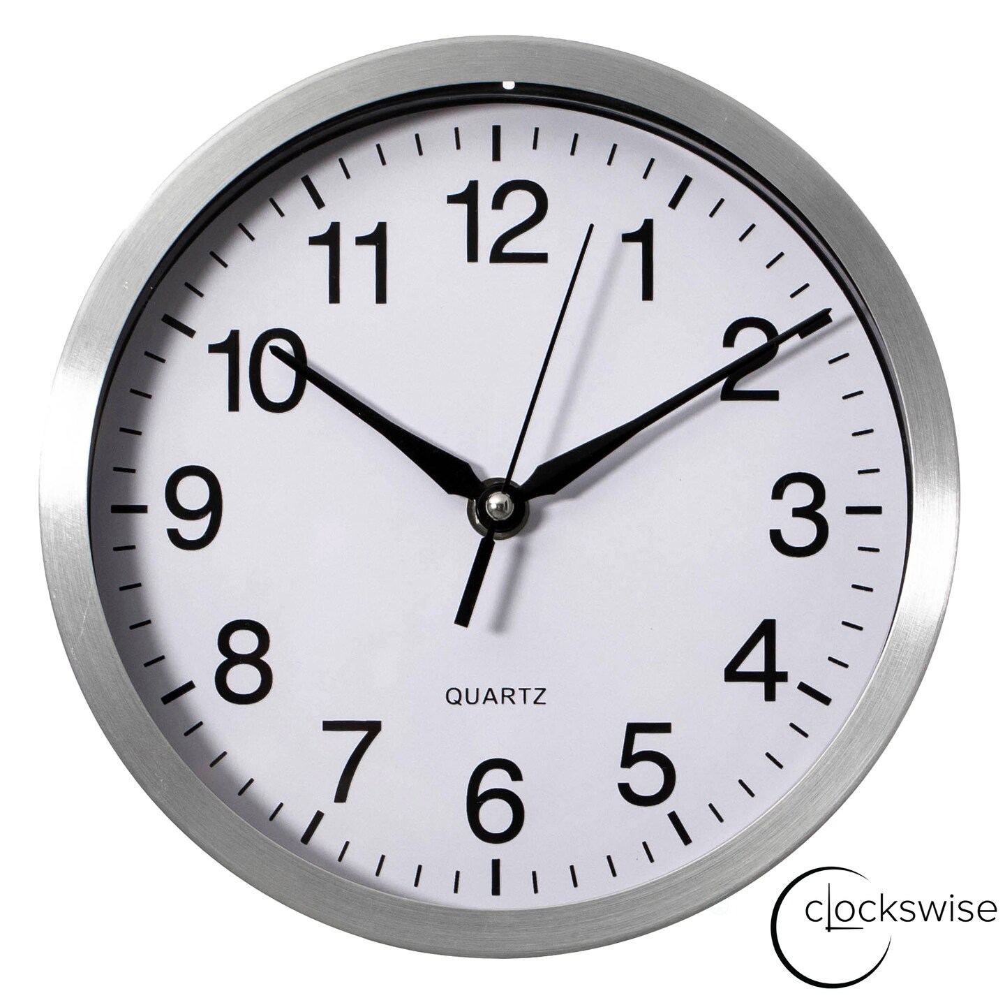 Clockswise Round Quartz Wall Clock Non-Ticking Battery Operated with Silent Sweep Movement, Aluminum Silver Frame, Perfect for Home Kitchen Office Living Room Study Hallway Classroom, Black Face