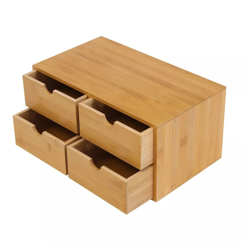 Bamboo Desk Organizer with 4 Drawers Tabletop Mini Small Drawer Storage Box