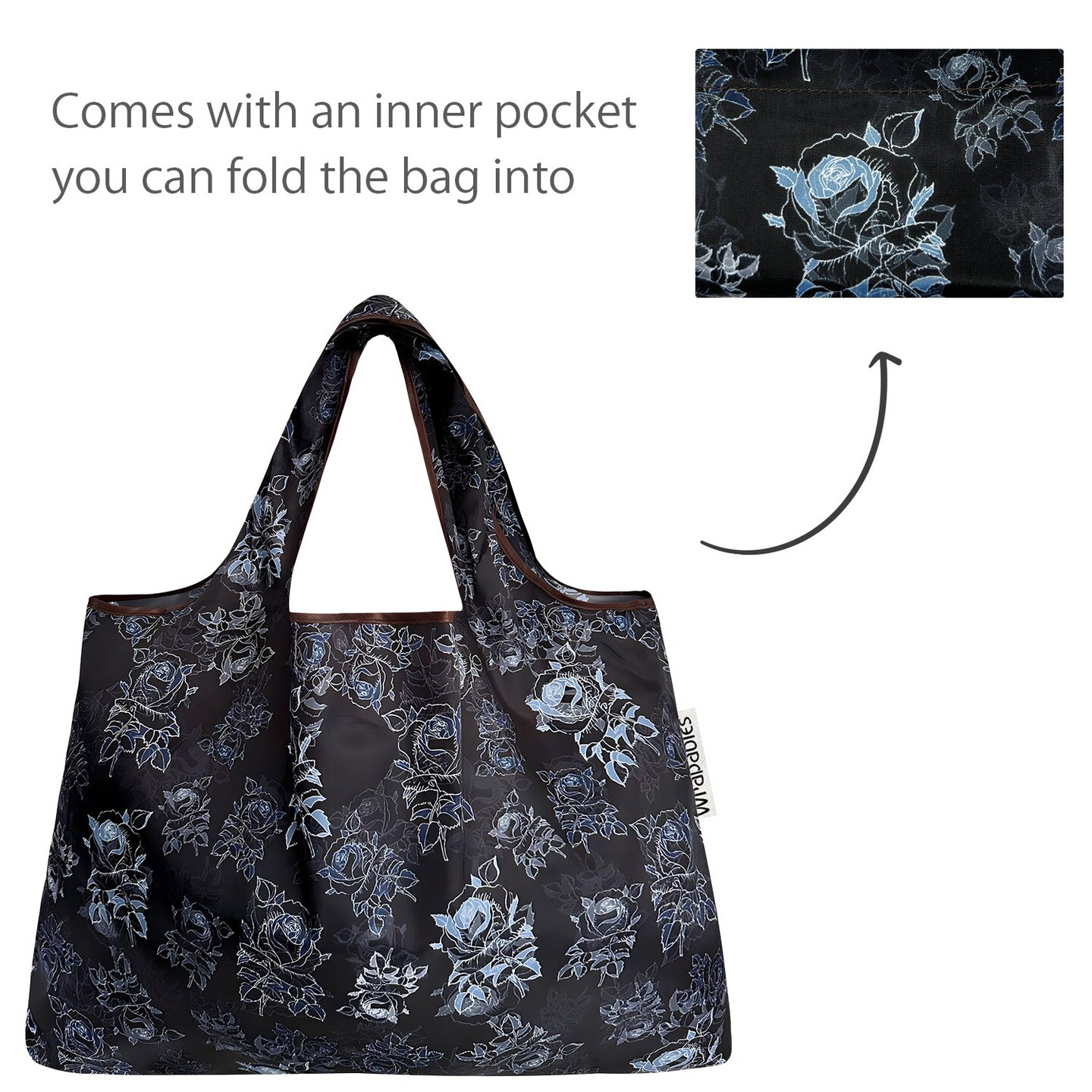Wrapables Large Foldable Tote Nylon Reusable Grocery Bags, Black Rose Shadow