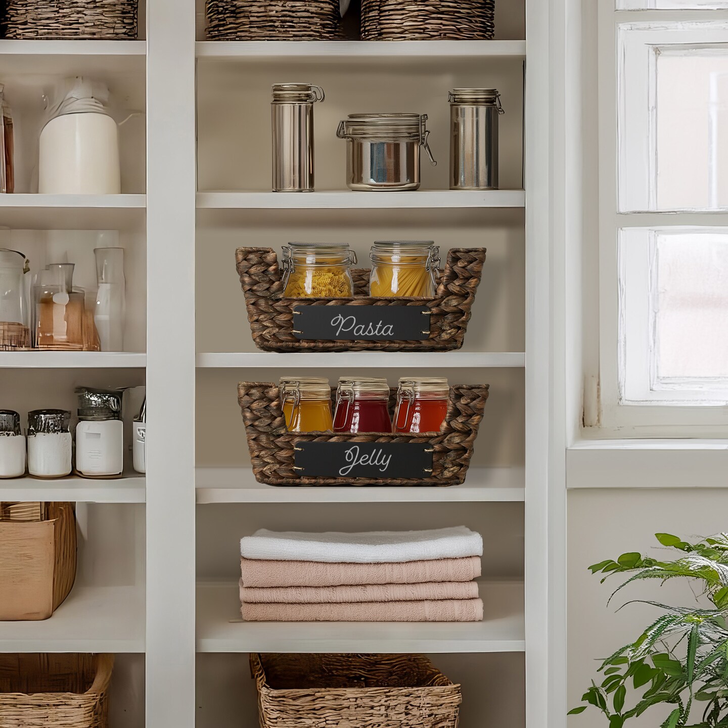 Casafield Set of 2 Water Hyacinth Seagrass Pantry Baskets with Handles, Chalkboard Labels, and Marker, Wide Woven Storage Bin Organizers for Kitchen