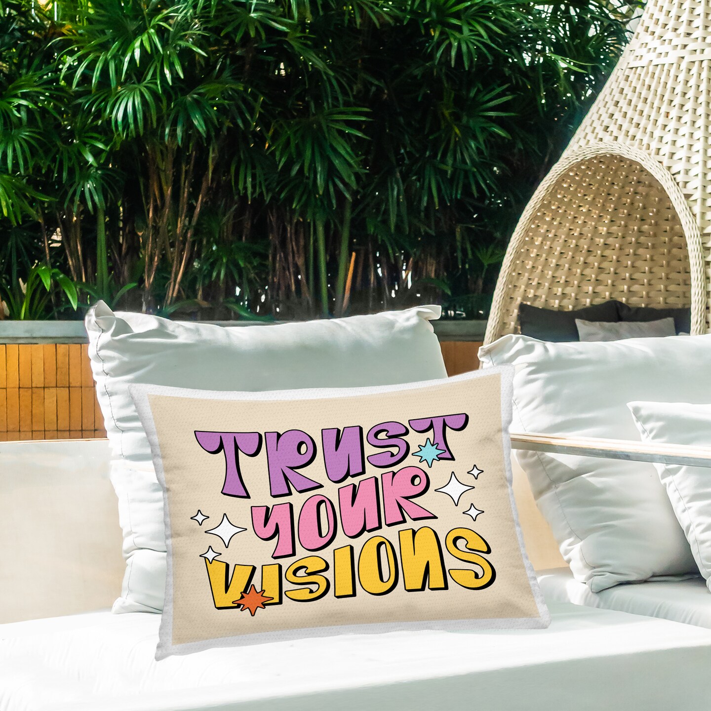 Retro Trust Your Visions Outdoor Printed Pillow Design by Ahmed Sayeh Hussein, 14 x 7 x 20