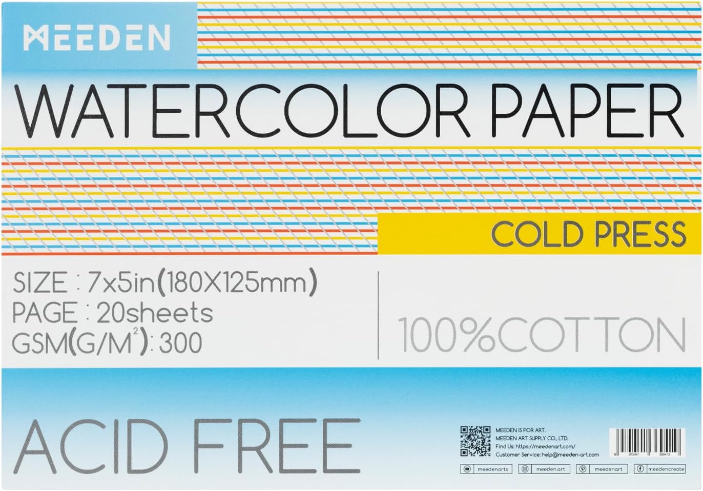 MEEDEN Watercolor Paper Block, 100% Cotton Watercolor Paper Pad of 20 Sheets, 140lb/300gsm, Acid-Free Art Paper for Watercolor, Gouache, Ink and More, 5&#x22; x 7&#x22; Cold Press