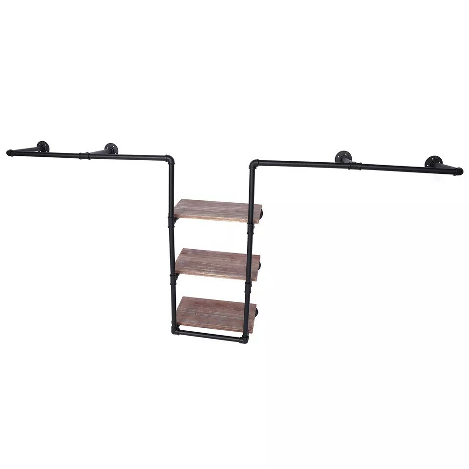 Industrial Pipe Clothing Rack Wall Mount Clothing Rack with Storage Shelves