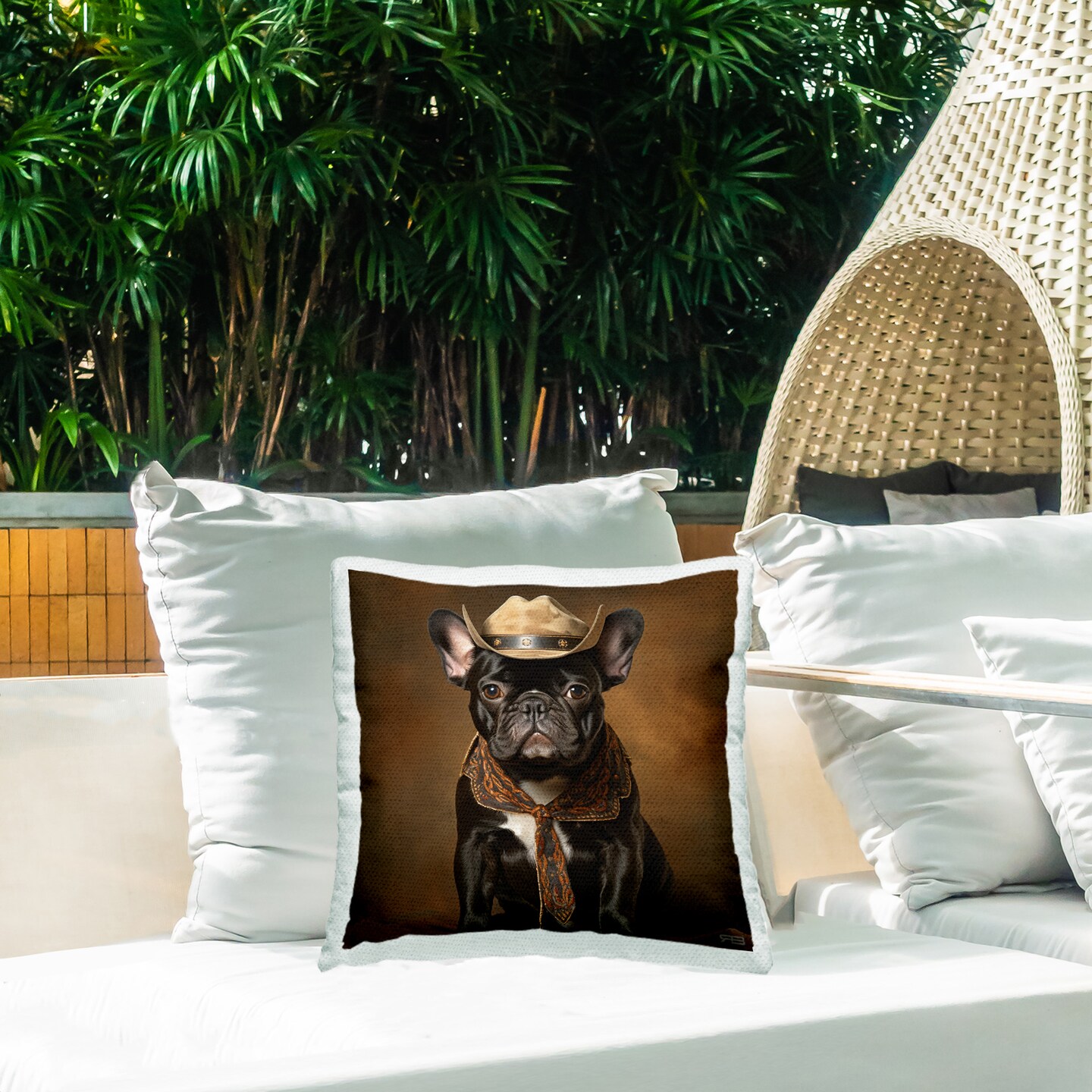 Cowboy French Bulldog Design by RB Outdoor Printed Pillow 
