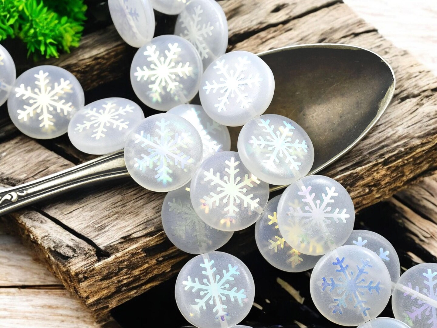*8* 17mm White Opaline AB Laser Tattoo Snowflakea Coin Beads