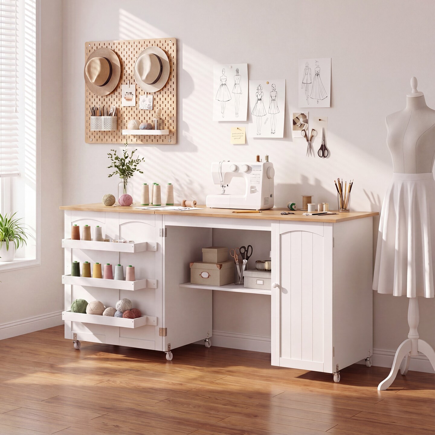 Multi Functional Foldable Sewing Table with Storage Cabinet and