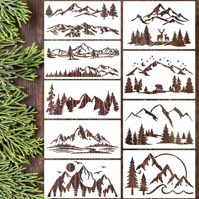 Mountain Stencils for Painting Forest Tree Stencil Animal Wood Burning Stencils and Patterns Reusable Drawing Templates for Fabric Furniture Wall DIY Crafts