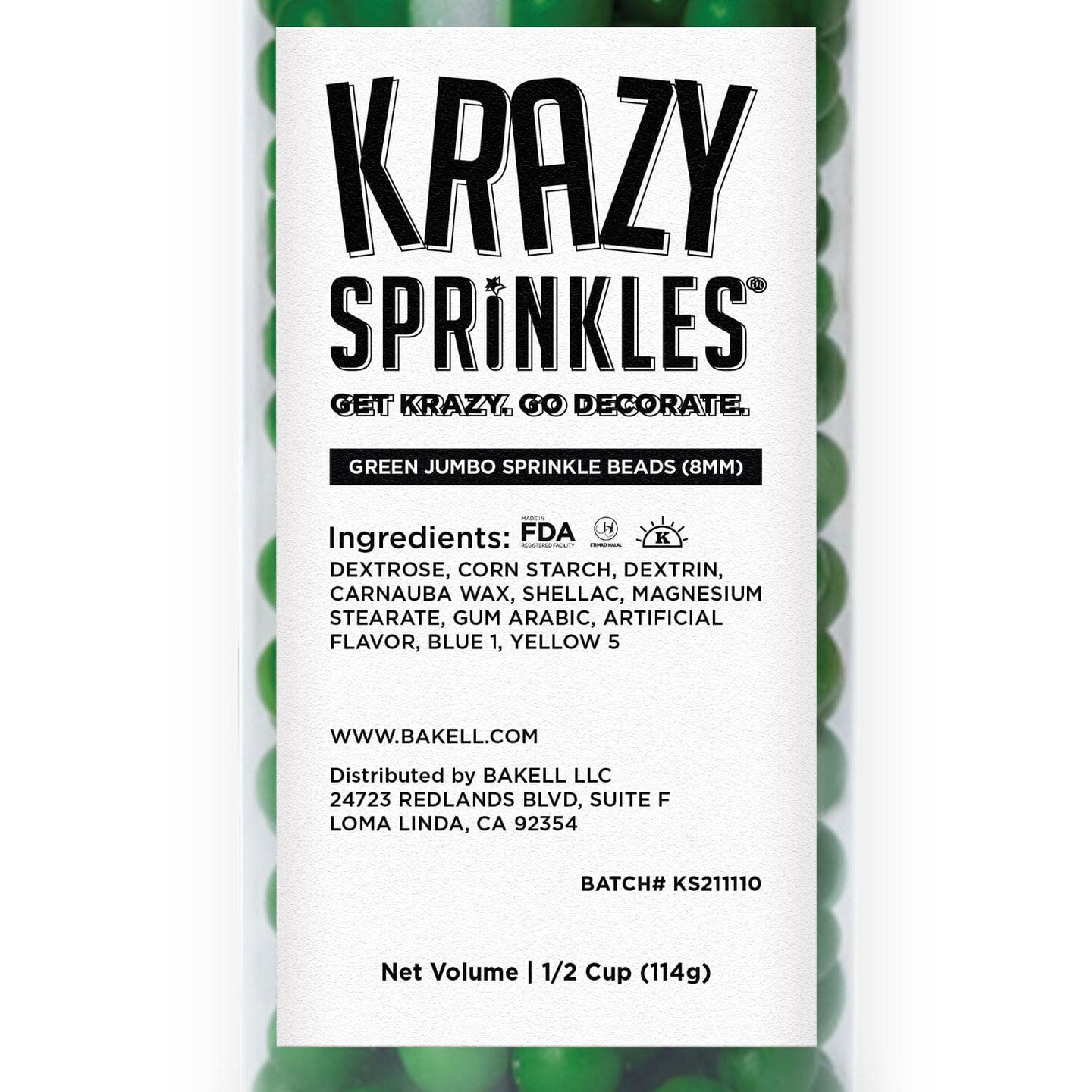 Krazy Sprinkles - Green 8mm Beads (1/2 Cup, 1x Jar) for Cakes, Ice Cream &#x26; Cookies