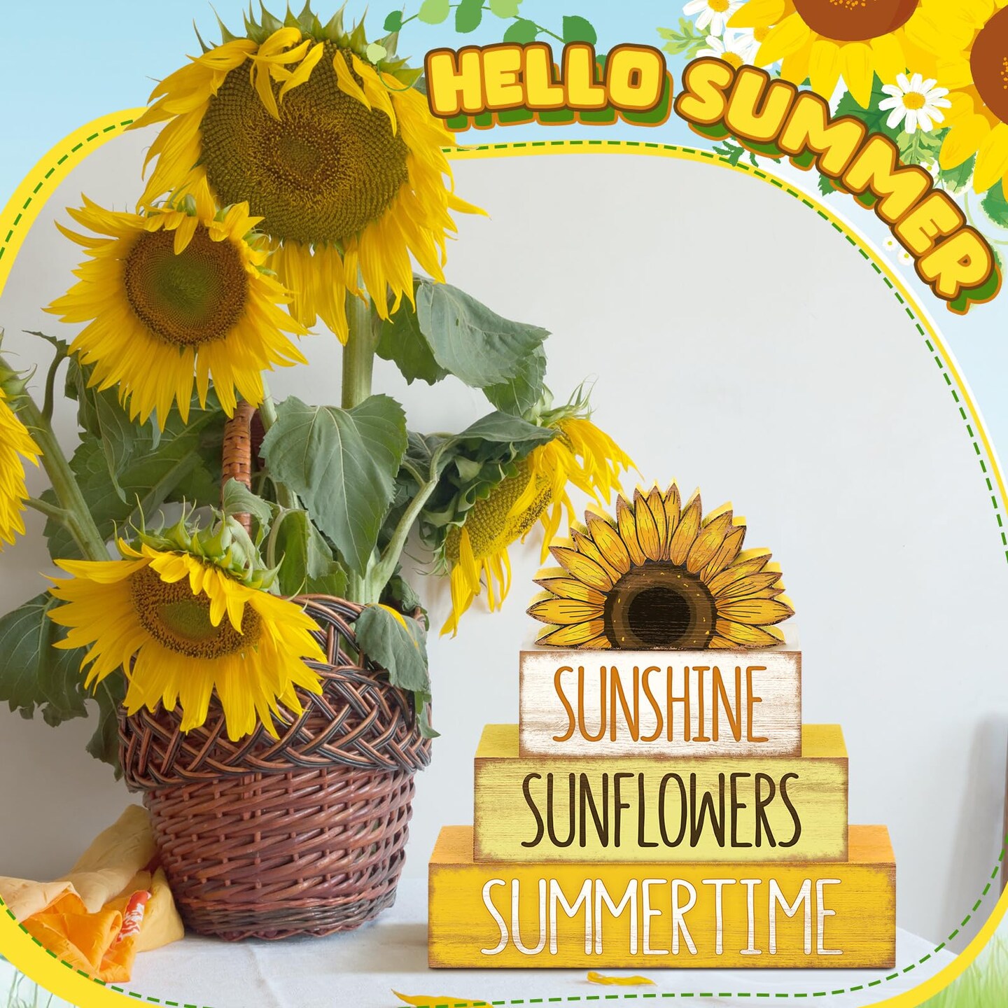 4 Pcs Summer Wooden Tiered Tray Decor Farmhouse Rustic Table Decor Books Stack Block Signs for Table &#x26; Home Office Decorations(Sunflower Style)